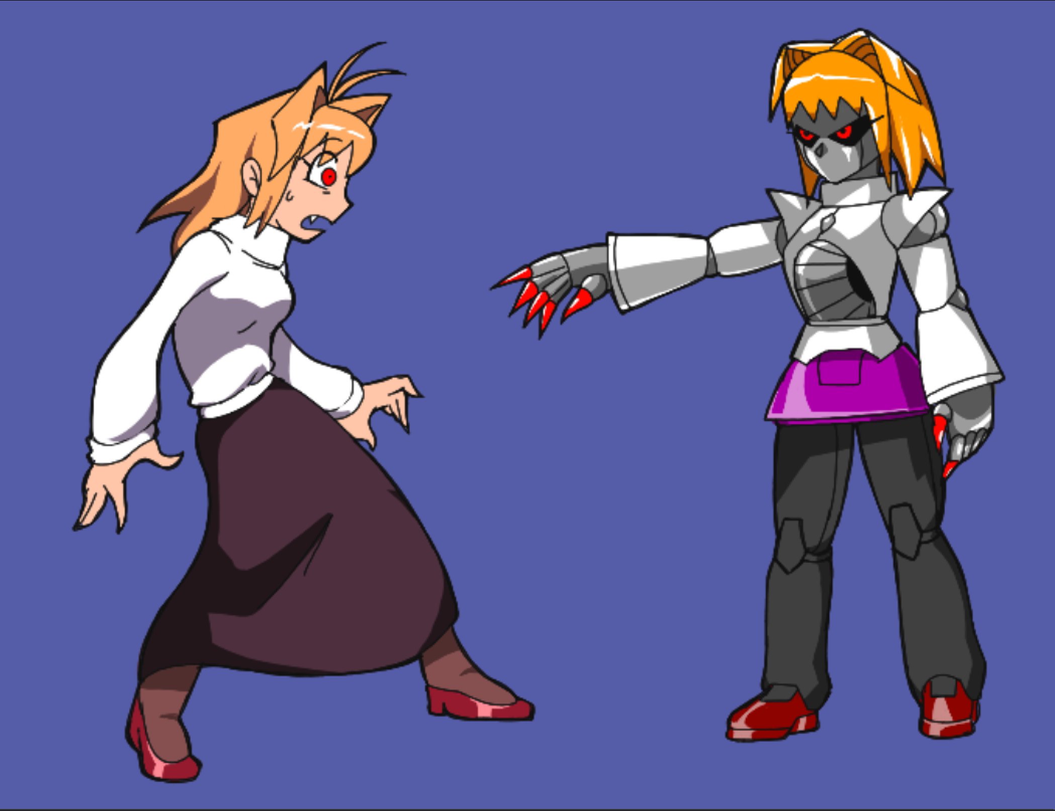 arcueid brunestud, melty blood, sonic (series), sonic cd, sonic the hedgehog (classic), tsukihime, highres, 2girls, ahoge, blonde hair, breasts, casinobunbun, claws, dual persona, fang, fingernails, joints, mechanical arms, mechanical legs, meme, metal skin, multiple girls, pantyhose, purple skirt, red eyes, red shoes, rivalry, robot, robot girl, robot joints, sharp fingernails, shoes, short hair, skirt, surprised, sweat, sweater, turtleneck, turtleneck sweater, white sweater
