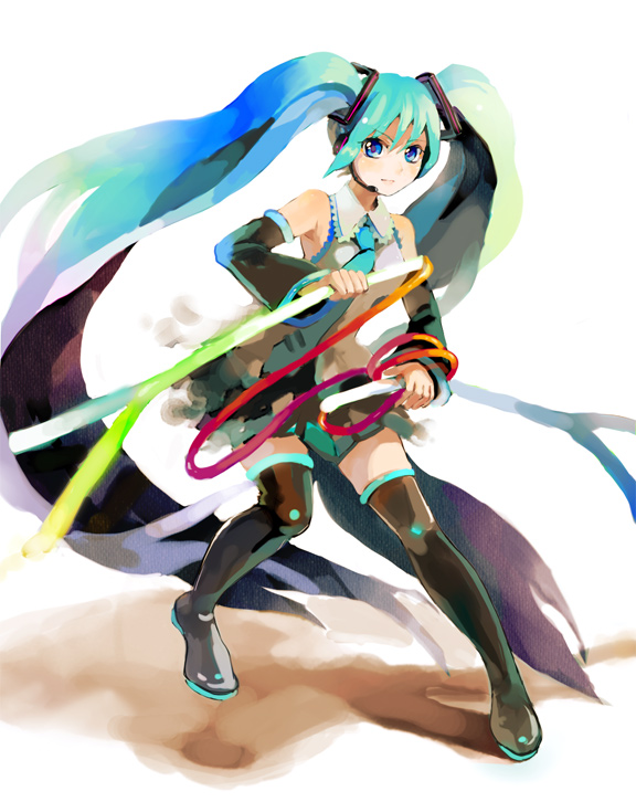 otosume ruiko, hatsune miku, vocaloid, blue eyes, boots, detached sleeves, green hair, headphones, long hair, microphone, necktie, skirt, solo, spring onion, thigh boots, thighhighs, twintails, very long hair, zettai ryouiki