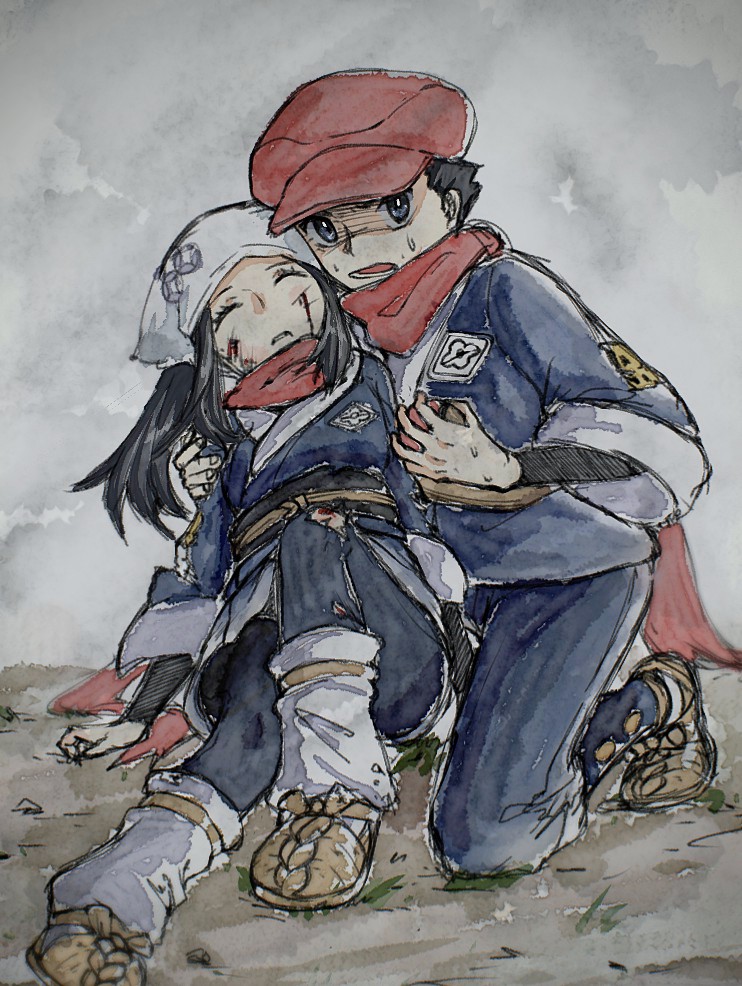 asuka rkgk, akari (pokemon), rei (pokemon), nintendo, pokemon, pokemon legends: arceus, 1boy, 1girl, black hat, black leggings, bleeding, blood, blood on face, blue kimono, blue pants, brown sandals, dirty, dirty clothes, dirty face, facing another, galaxy expedition team survey corps uniform, grey eyes, grey sky, hand on another's arm, hand on ground, hat, headscarf, hisuian poke ball, holding, holding poke ball, injury, japanese clothes, kimono, kneeling, leaning on object, leggings, looking ahead, newsboy cap, on ground, on one knee, open mouth, outdoors, pants, partially shaded face, poke ball, protecting, red hat, red scarf, sandals, scarf, sky, sleeves rolled up, socks, sweatdrop, torn clothes, torn kimono, torn leggings, unconscious, white headscarf, white socks