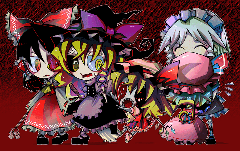 senmu (0107), flandre scarlet, hakurei reimu, izayoi sakuya, kirisame marisa, remilia scarlet, touhou, silver hair, bad id, bad pixiv id, 5girls, aqua hair, bat wings, black hair, blonde hair, bow, braid, broom, chibi, closed eyes, clothes grab, dress, female focus, gohei, hair between eyes, hair bow, hair tubes, hat, hat bow, hat ribbon, heterochromia, maid, maid headdress, mary janes, multicolored eyes, multiple girls, open mouth, pink dress, red theme, ribbon, sharp teeth, shoes, single braid, skirt, skirt set, star (symbol), sweatdrop, symbol-shaped pupils, tears, teeth, twin braids, wavy mouth, wings, witch hat, yin yang