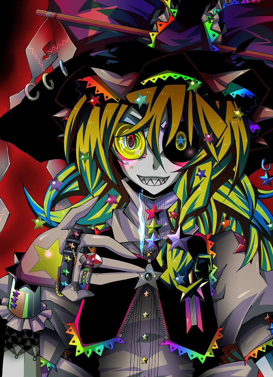 senmu (0107), kirisame marisa, touhou, bad id, bad pixiv id, highres, 1girl, black sclera, blonde hair, bracelet, brass knuckles, buttons, collar, colored sclera, colorful, contemporary, dress shirt, earrings, female focus, gloves, hat, heterochromia, jewelry, mismatched sclera, multicolored hair, piercing, ribbon, ring, sharp teeth, shirt, smile, solo, spirit, star (symbol), teeth, weapon, witch, witch hat, zipper
