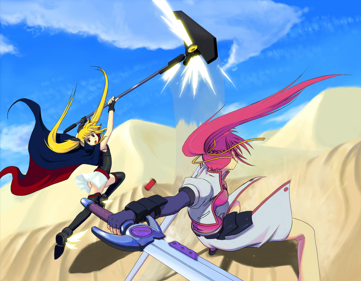bardiche (haken form) (nanoha), bardiche (nanoha), fate testarossa, fate testarossa (lightning form), laevatein (nanoha), signum, lyrical nanoha, mahou shoujo lyrical nanoha, mahou shoujo lyrical nanoha a's, 00s, armor, ass, blonde hair, cape, desert, energy blade, fingerless gloves, gloves, hair ribbon, long hair, no panties, pink hair, ponytail, ribbon, sand, scythe, skirt, sword, thighhighs, twintails, weapon, whip sword