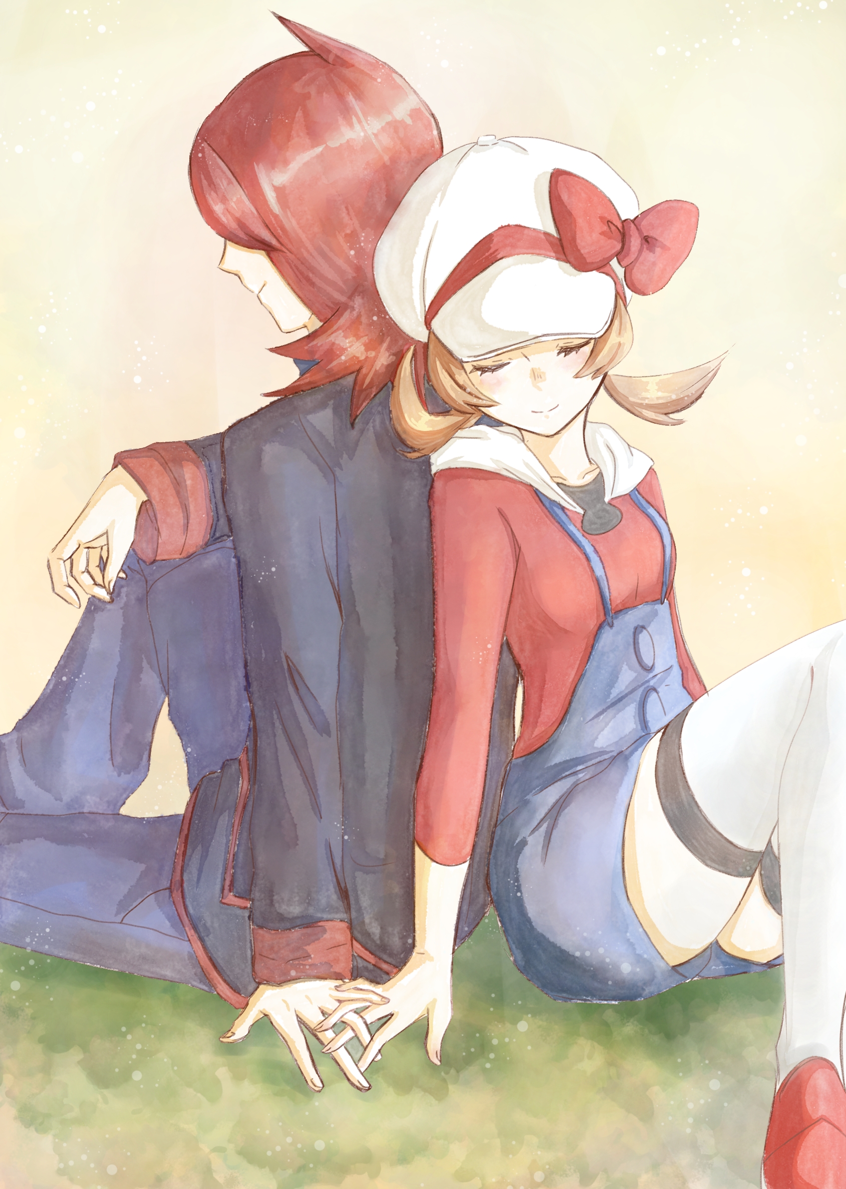 asuka rkgk, lyra (pokemon), silver (pokemon), nintendo, pokemon, pokemon hgss, highres, 1boy, 1girl, arm on knee, arm rest, back-to-back, black sweater, blue pants, blue suspenders, bow, brown hair, closed eyes, facing away, hair over one eye, hand on ground, hat, holding hands, hooded shirt, interlocked fingers, knee up, knees up, leaning on person, light blush, newsboy cap, on grass, on ground, orange hair, pants, red bow, red shirt, red shoes, red sweater, shirt, shoes, shorts, sleeping, suspender shorts, suspenders, sweater, turning head, twintails, white hat, yellow background