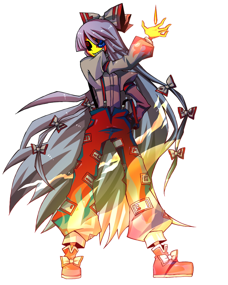 senmu (0107), fujiwara no mokou, touhou, bad id, bad pixiv id, 1girl, contemporary, female focus, fire, full body, ribbon, simple background, solo, suspenders