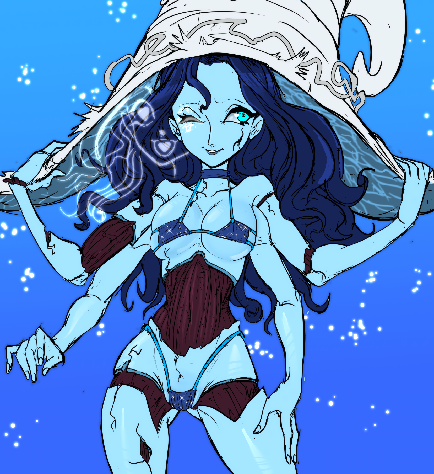 teevo, ranni the witch, elden ring, bikini, blue eyes, blue hair, blue skin, breasts, cleavage, colored skin, doll, doll joints, extra arms, hat, joints, one eye closed, swimsuit, witch hat