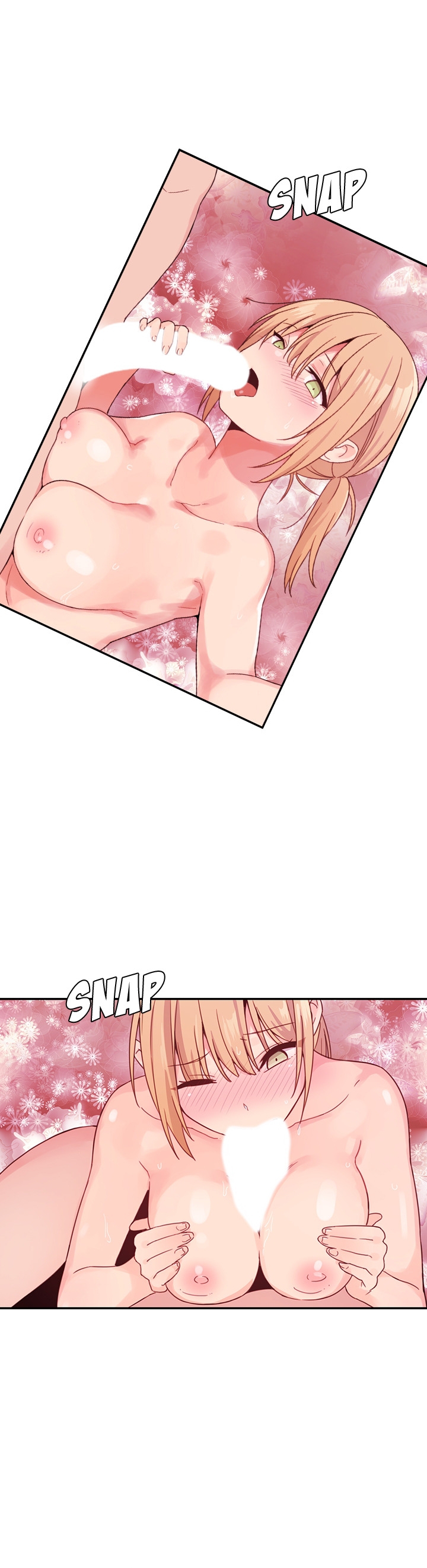pornhwa, webtoon, artist request, character request, colorized, cropped, highres, long image, official art, textless version, 1boy, 1girl, armpits, bare shoulders, blonde hair, blush, breasts, censored, collarbone, dot nose, fellatio, grabbing own breast, green eyes, large breasts, licking, licking penis, looking at viewer, medium hair, nipples, nude, one eye closed, open mouth, oral, paizuri, penis, penis grab, ponytail, sleep molestation, taking picture, tongue, tongue out