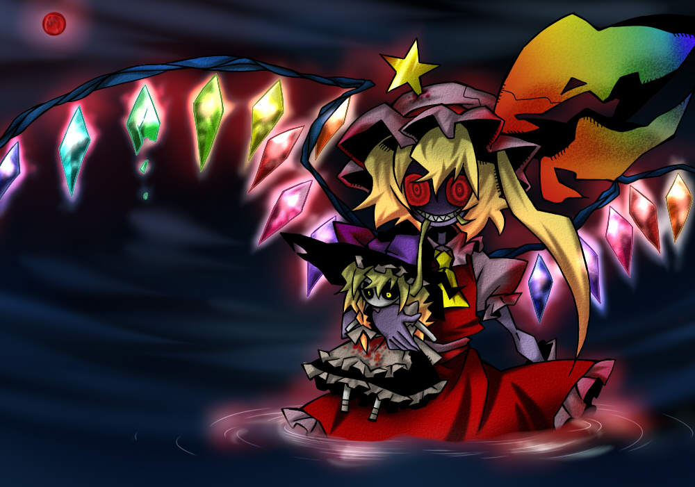 senmu (0107), flandre scarlet, kirisame marisa, touhou, bad id, bad pixiv id, 1girl, black sclera, blonde hair, blood, character doll, colored sclera, doll, female focus, full moon, grin, hair in own mouth, hat, hat ribbon, long hair, moon, mouth hold, partially submerged, ponytail, red eyes, red moon, red sclera, red skirt, ribbon, sharp teeth, side ponytail, skirt, skirt set, smile, solo, star (symbol), teeth, water, wings, witch hat, yellow eyes