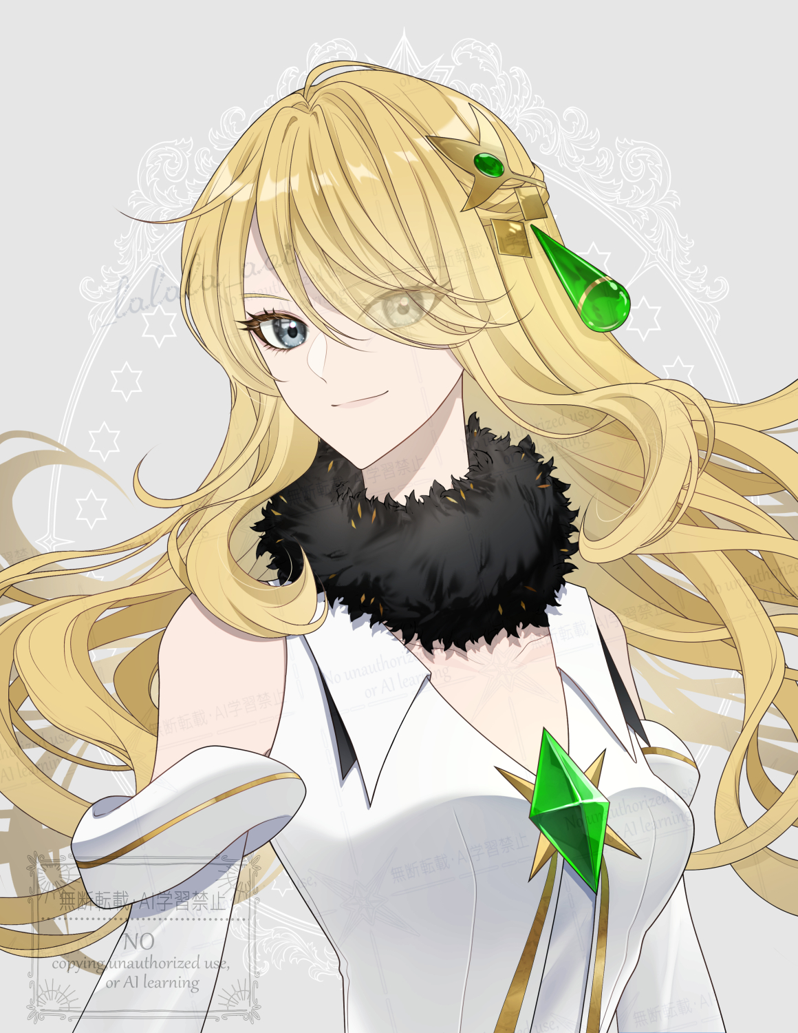 sakaralalala, cynthia (arc suit) (pokemon), cynthia (pokemon), nintendo, pokemon, pokemon masters ex, highres, 1girl, blonde hair, breasts, chest jewel, closed mouth, coat, detached sleeves, fur collar, fur trim, gem, green gemstone, grey eyes, hair ornament, hair over one eye, long hair, long sleeves, looking at viewer, official alternate costume, simple background, sleeveless, smile, upper body, very long hair, white coat