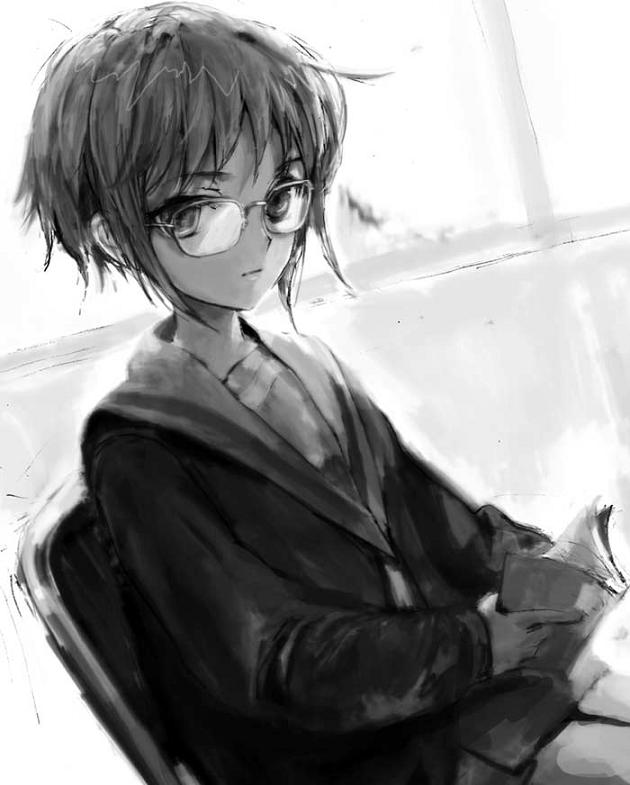 tomatika, nagato yuki, suzumiya haruhi no yuuutsu, non-web source, 00s, 1girl, book, female focus, glasses, greyscale, monochrome, school uniform, serafuku, short hair, solo, staring