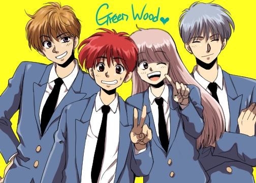 jungyun99, hasukawa kazuya, ikeda mitsuru, kisaragi shun, tezuka shinobu, koko wa greenwood, third-party source, 4boys, androgynous, black necktie, blonde hair, blue jacket, closed eyes, collared shirt, crossed arms, grey hair, index finger raised, jacket, male focus, multiple boys, necktie, one eye closed, open mouth, pink hair, red eyes, red hair, shirt, short hair, simple background, v, white shirt, yellow background