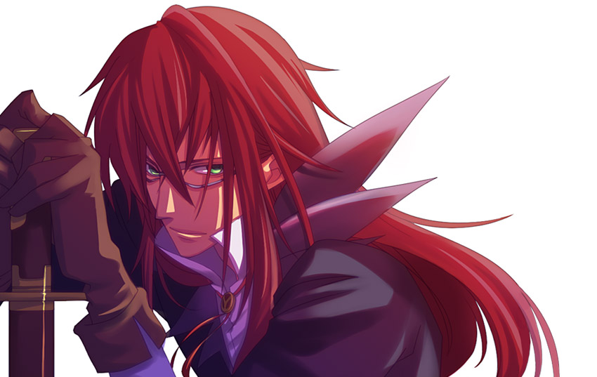 richter abend, tales of (series), tales of symphonia, tales of symphonia: dawn of the new world, 00s, 1boy, glasses, green eyes, male focus, red hair, simple background, solo, upper body, white background
