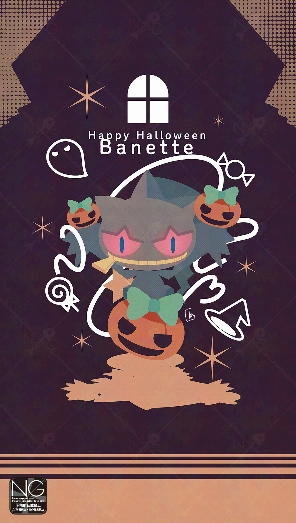 meme (sleepsheep), banette, nintendo, pokemon, highres, candy, colored sclera, food, full body, gen 3 pokemon, ghost, grin, halloween, hat, jack-o'-lantern, lollipop, looking at viewer, no humans, pokemon (creature), pokemon focus, pumpkin, red eyes, red sclera, smile, teeth, witch hat, zipper, zipper pull tab