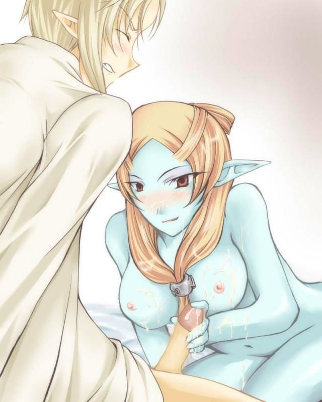 microspace, link, midna, midna (true), nintendo, the legend of zelda, the legend of zelda: twilight princess, spoilers, 1boy, 1girl, bdsm, blonde hair, blue skin, blush, bondage, bound, breasts, colored skin, cum, erection, grimace, handjob, hetero, long hair, nipples, orange hair, penis, pointy ears, red eyes, uncensored