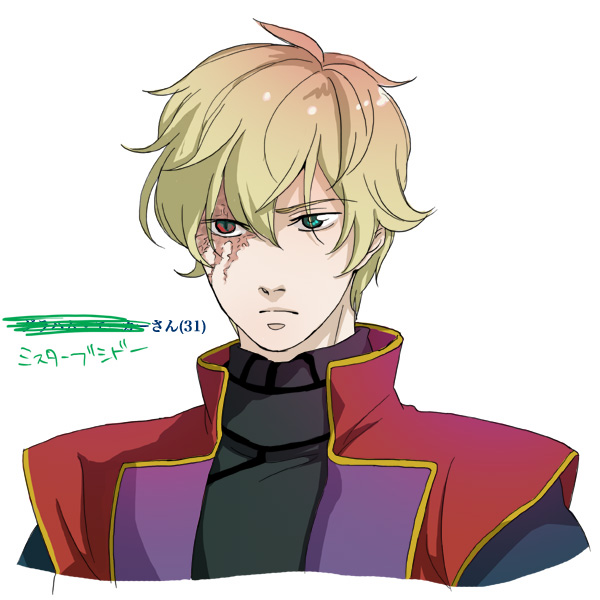 ikasumi, graham aker, mister bushido, gundam, gundam 00, bad id, bad pixiv id, 00s, 1boy, blonde hair, burn scar, heterochromia, male focus, scar, scar across eye, scar on face, short hair, solo