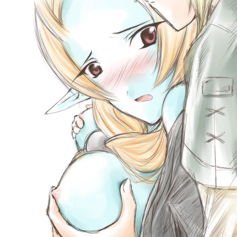 microspace, link, midna, midna (true), nintendo, the legend of zelda, the legend of zelda: twilight princess, lowres, spoilers, 1boy, 1girl, blue skin, breasts, colored skin, elf, grabbing another's breast, groping, hetero, large breasts, nipples, orange hair, pointy ears, solo focus