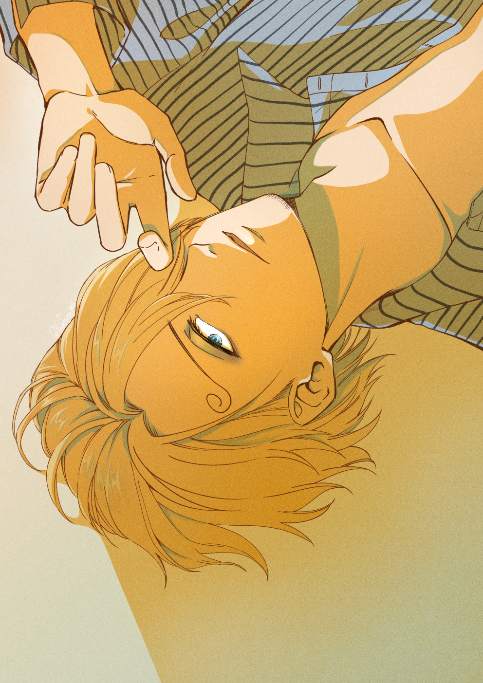 kafuyutns, sanji (one piece), one piece, commentary request, highres, 1boy, adam's apple, blonde hair, blue eyes, collarbone, collared shirt, curly eyebrows, eyelashes, fingernails, lying, male focus, on back, parted lips, shirt, short hair, solo, striped clothes, striped shirt, upper body, upside-down, white background