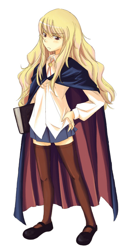 louise francoise le blanc de la valliere, zero no tsukaima, artist request, 00s, blonde hair, book, cape, long hair, skirt, solo, thighhighs, zettai ryouiki