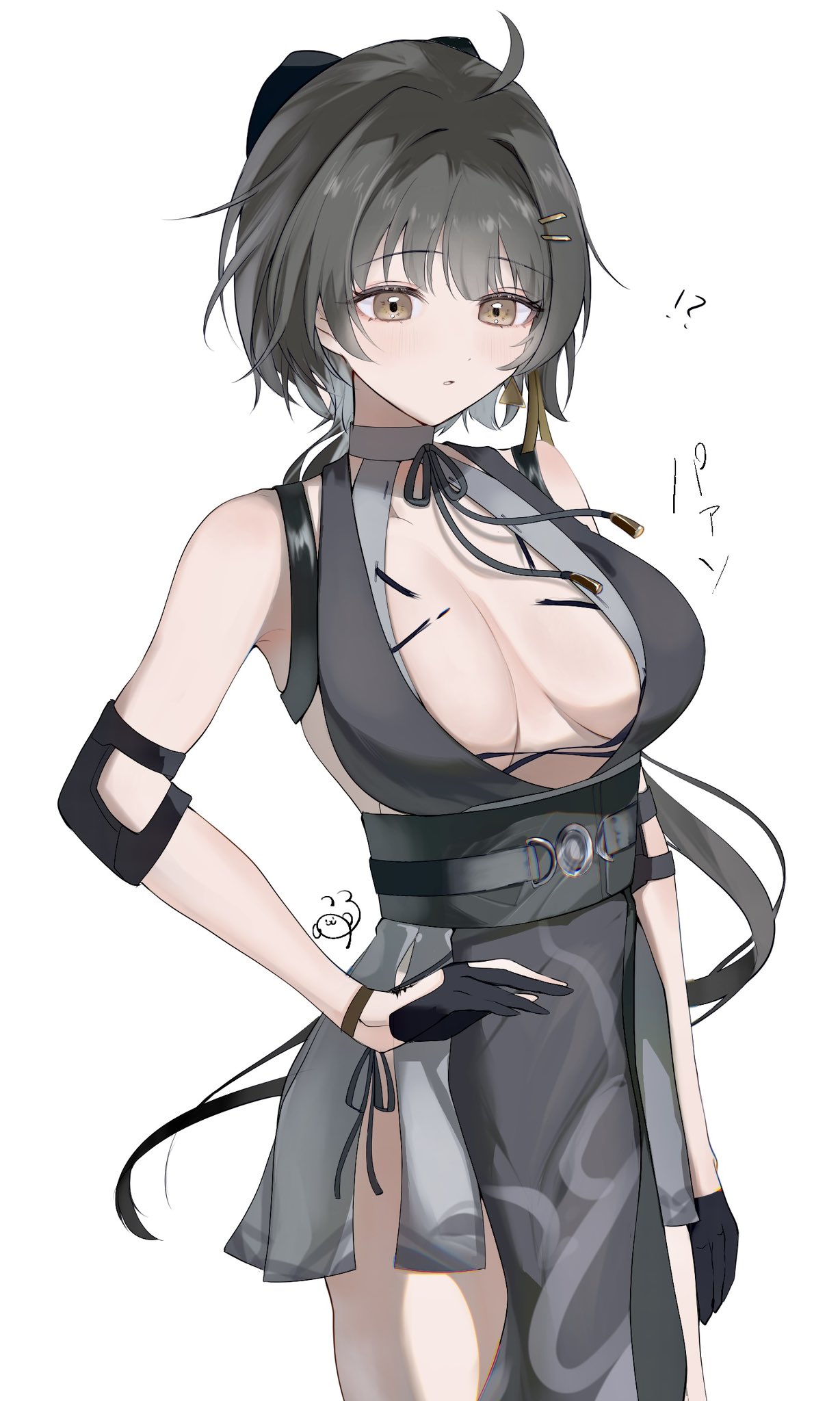 suyosuyo, female rover (wuthering waves), rover (wuthering waves), wuthering waves, commentary request, highres, translation request, !?, 1girl, ahoge, arm at side, bare shoulders, belt, black belt, black bow, black gloves, black hair, black ribbon, bow, breasts, breasts apart, brown eyes, center opening, cleavage, cowboy shot, earrings, elbow pads, expressionless, gloves, grey skirt, hair bow, hair ribbon, halterneck, hand on own hip, jewelry, large breasts, long hair, looking down, low ponytail, miniskirt, neck ribbon, parted lips, pelvic curtain, pleated skirt, ponytail, ribbon, side slit, sideless outfit, simple background, single earring, skirt, sleeveless, solo, sound effects, standing, tacet mark (wuthering waves), triangle earrings, underbust, wardrobe malfunction, white background, yellow ribbon