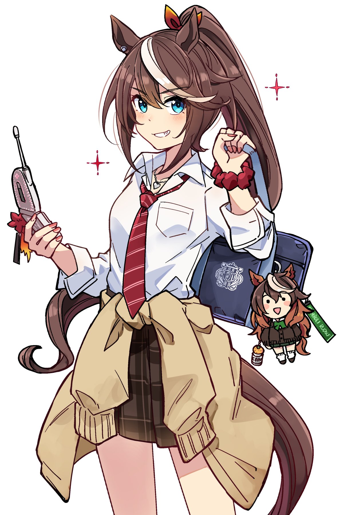 ido (teketeke), symboli rudolf (umamusume), tokai teio (umamusume), umamusume, highres, 1girl, animal ears, ascot, asymmetrical gloves, bow, ear bow, ear ornament, ear ribbon, epaulettes, gloves, high ponytail, horse ears, horse girl, horse tail, jewelry, mismatched gloves, multicolored hair, necklace, pink ascot, ponytail, single epaulette, solo, streaked hair, tail