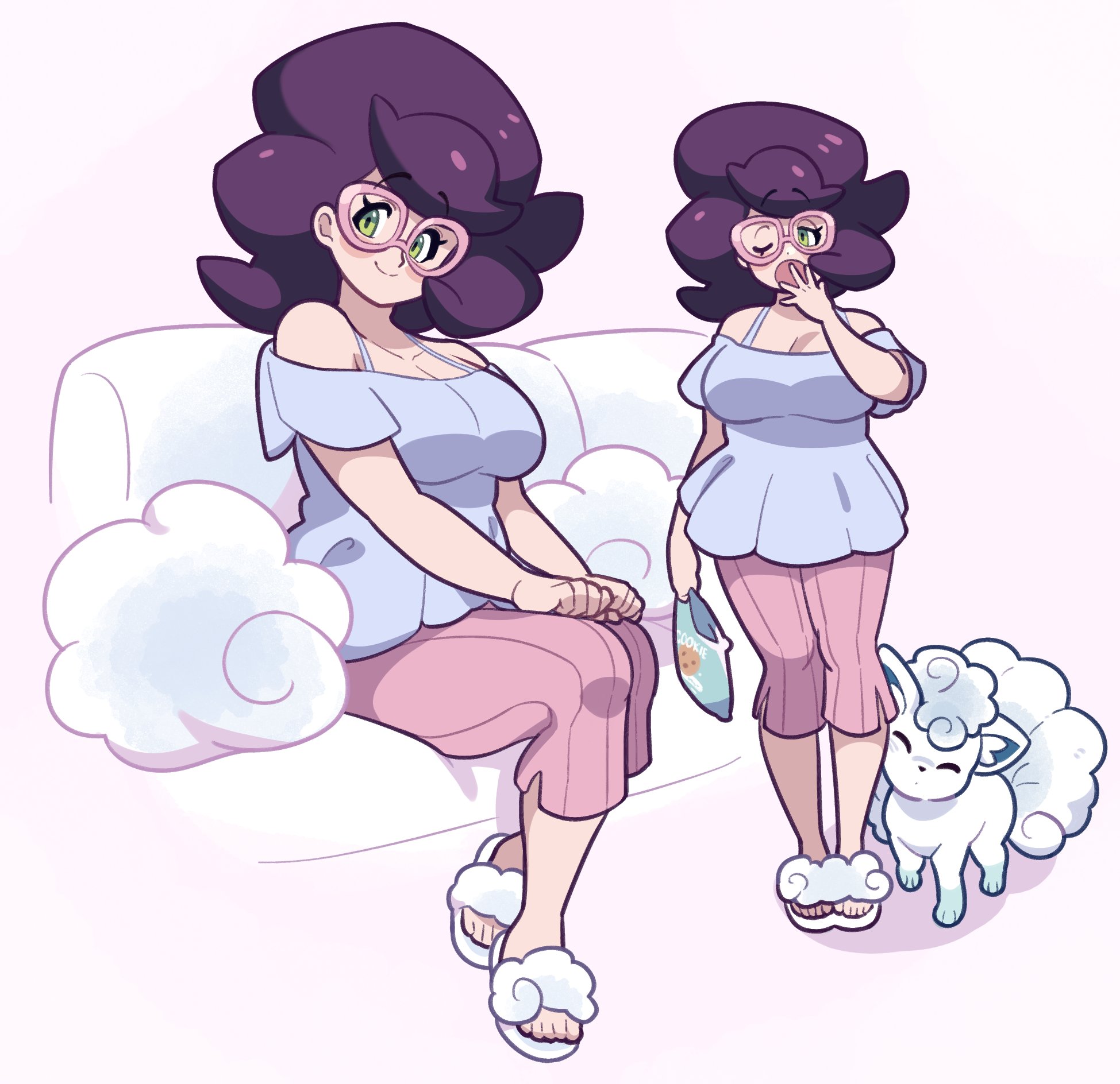 loveycloud, alolan vulpix, wicke (pokemon), nintendo, pokemon, pokemon sm, clothing request, commentary, english commentary, highres, 1girl, alolan form, bag, bag of cookies, bare shoulders, big hair, blush, blush stickers, breasts, capri pants, cleavage, closed mouth, couch, eyelashes, gen 7 pokemon, glasses, green eyes, hand up, holding, holding bag, large breasts, looking at viewer, loungewear, mature female, multiple views, on couch, one eye closed, pants, pink-framed eyewear, pink background, pink pants, pokemon (creature), purple hair, sandals, sitting, smile, standing, white sandals, yawning