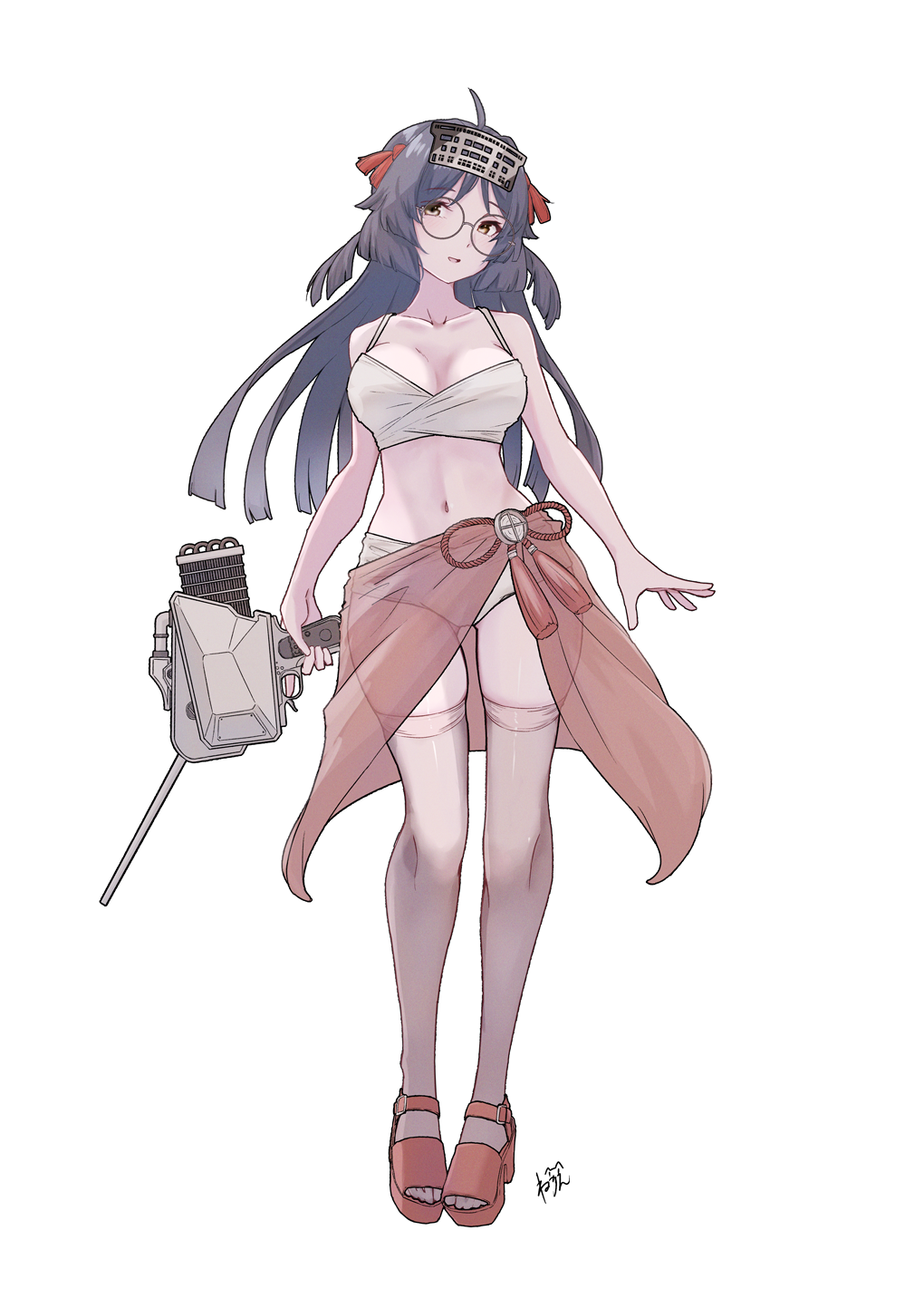 neve (morris-minicooper), heian maru (kancolle), kantai collection, highres, 1girl, adapted turret, bikini, black hair, breasts, brown eyes, full body, glasses, high heel sandals, large breasts, long hair, navel, red sarong, rigging, round eyewear, sandals, sarong, solo, swimsuit, thighhighs, very long hair, white bikini, white thighhighs