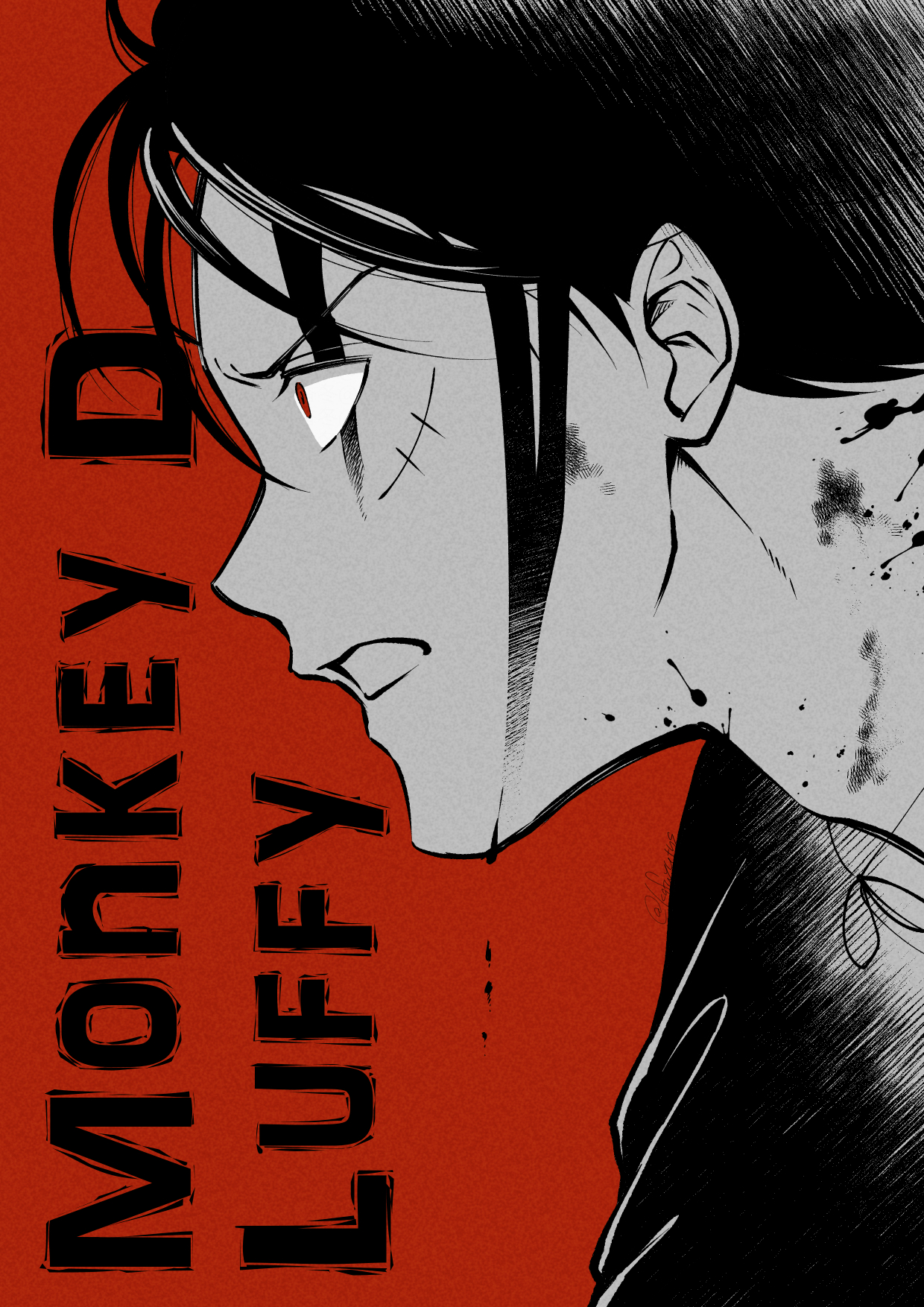 kafuyutns, monkey d. luffy, one piece, commentary request, highres, 1boy, blood, blood on face, character name, from side, greyscale with colored background, looking ahead, male focus, messy hair, parted lips, red background, red eyes, scar, scar on face, short hair, simple background, solo