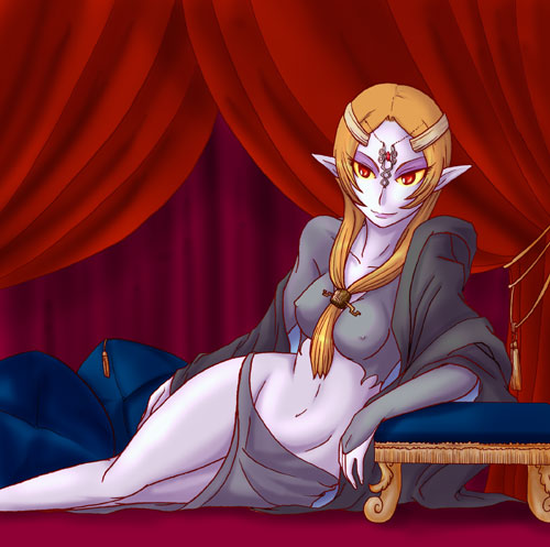 midna, midna (true), nintendo, the legend of zelda, the legend of zelda: twilight princess, lowres, spoilers, 1girl, blue skin, breasts, colored skin, covered erect nipples, elf, female focus, front ponytail, medium breasts, nipples, orange hair, pointy ears, solo