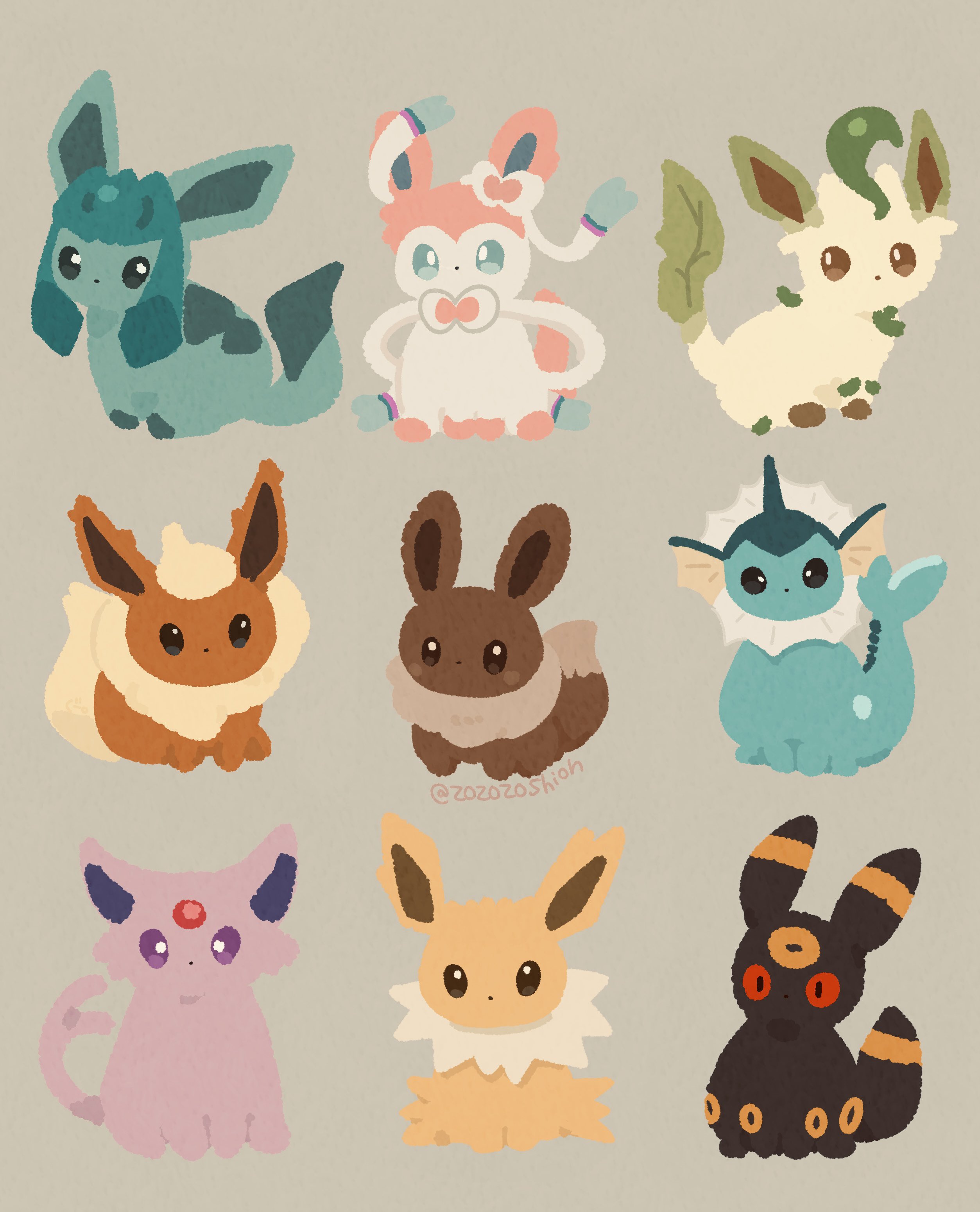 zozozoshion, eevee, espeon, flareon, glaceon, jolteon, leafeon, sylveon, umbreon, vaporeon, nintendo, pokemon, absurdres, highres, animal focus, black fur, blue eyes, blue fur, blue sclera, bow, brown eyes, brown fur, brown sclera, cetacean tail, colored sclera, evolutionary line, fins, fish tail, forehead jewel, forked tail, full body, gem, gen 1 pokemon, gen 2 pokemon, gen 4 pokemon, gen 6 pokemon, green fur, head fins, looking at viewer, neck fur, no humans, pink fur, pokemon (creature), pokemon focus, purple fur, purple sclera, red gemstone, red sclera, ribbon, simple background, tail, two-tone fur, white fur, yellow fur