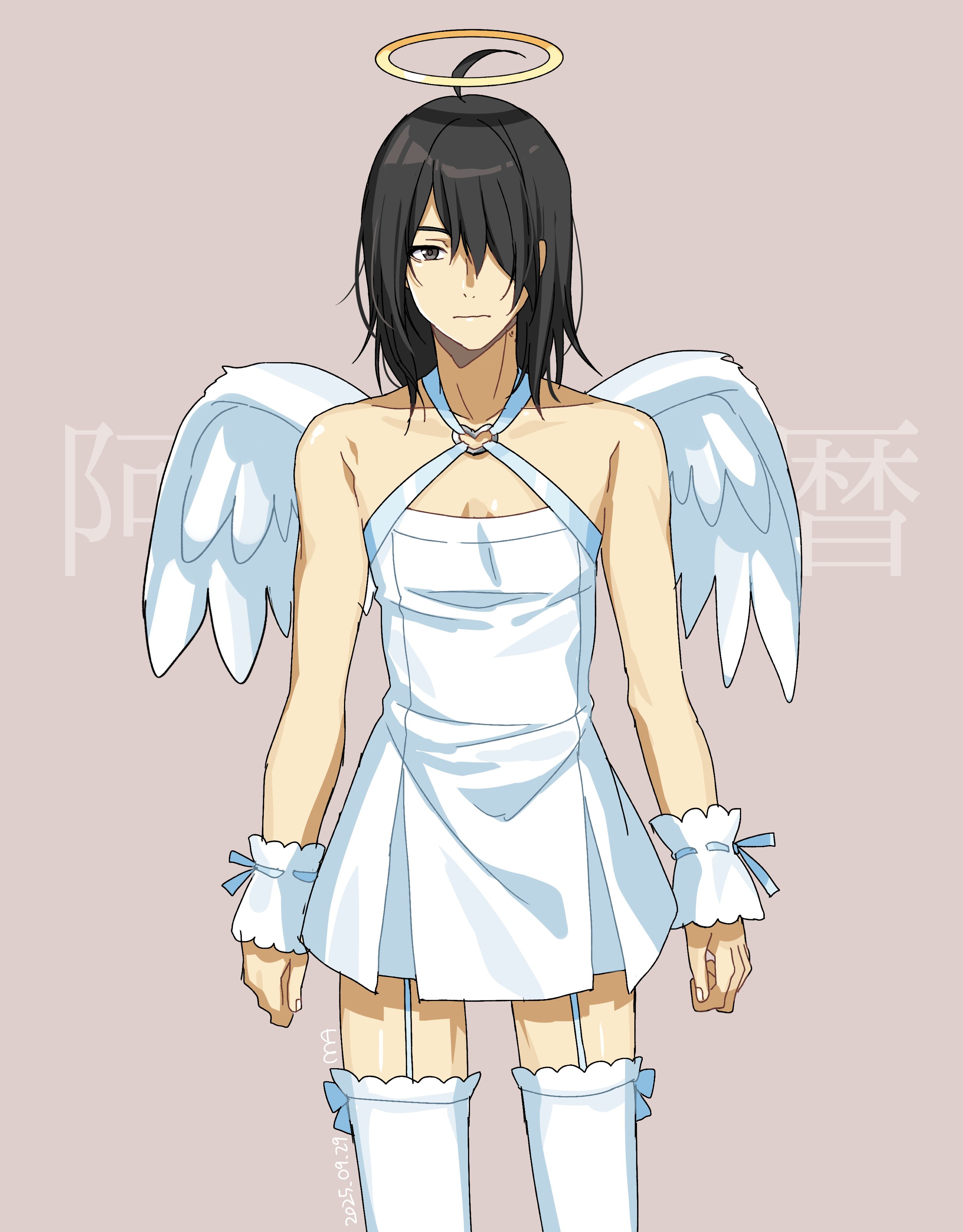 manimani (mani ma), araragi koyomi, monogatari (series), absurdres, highres, 1boy, ahoge, angel, angel wings, arms at sides, bare shoulders, black eyes, black hair, closed mouth, cowboy shot, dated, dress, feathered wings, garter straps, grey background, hair over one eye, halo, looking at viewer, male focus, medium hair, short dress, signature, simple background, sleeveless, sleeveless dress, solo, thighhighs, traditional halo, white garter straps, white thighhighs, white wings, wings, wrist cuffs