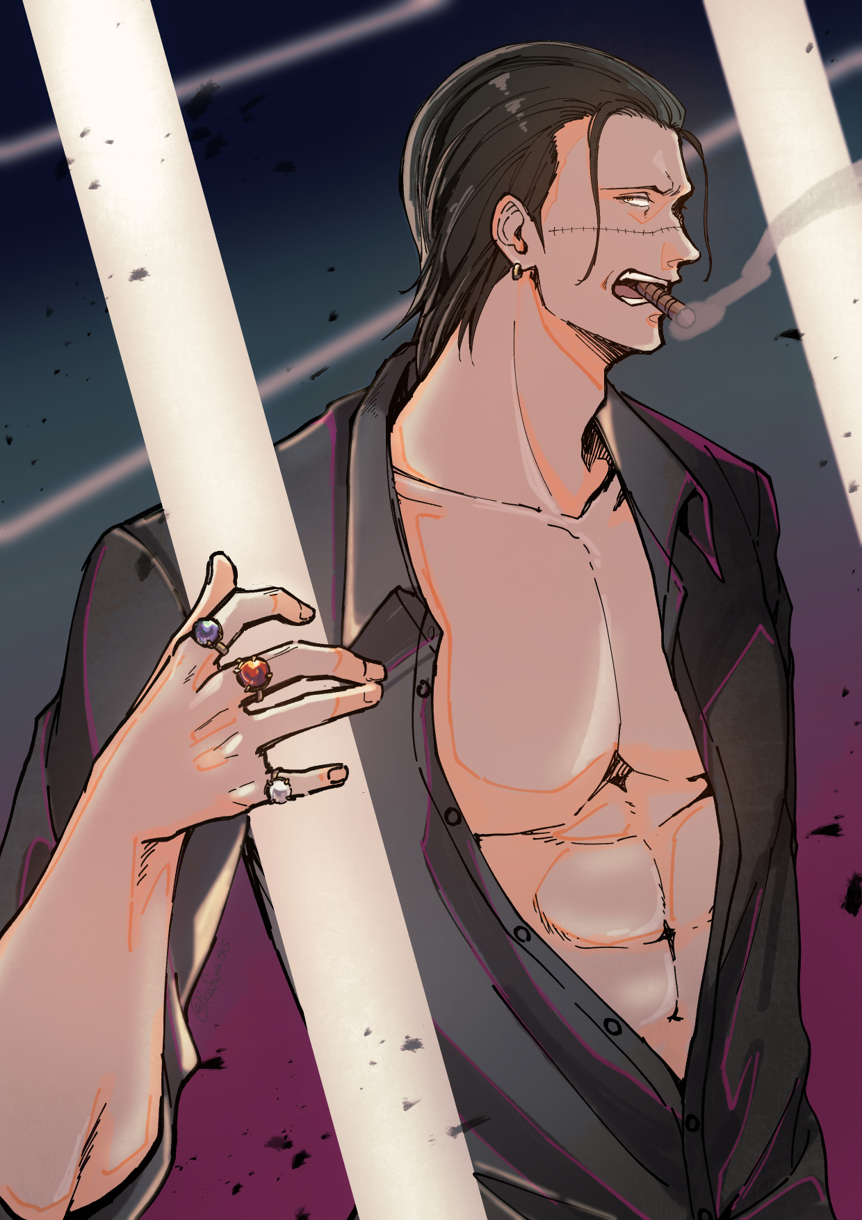 kafuyutns, crocodile (one piece), one piece, commentary request, highres, 1boy, abs, adam's apple, bare pectorals, black hair, black jacket, cigar, earrings, gradient background, jacket, jewelry, male focus, mature male, multiple rings, partially unbuttoned, pectorals, ring, short hair, sideburns, smoke, smoking, solo, stitched face, stitches