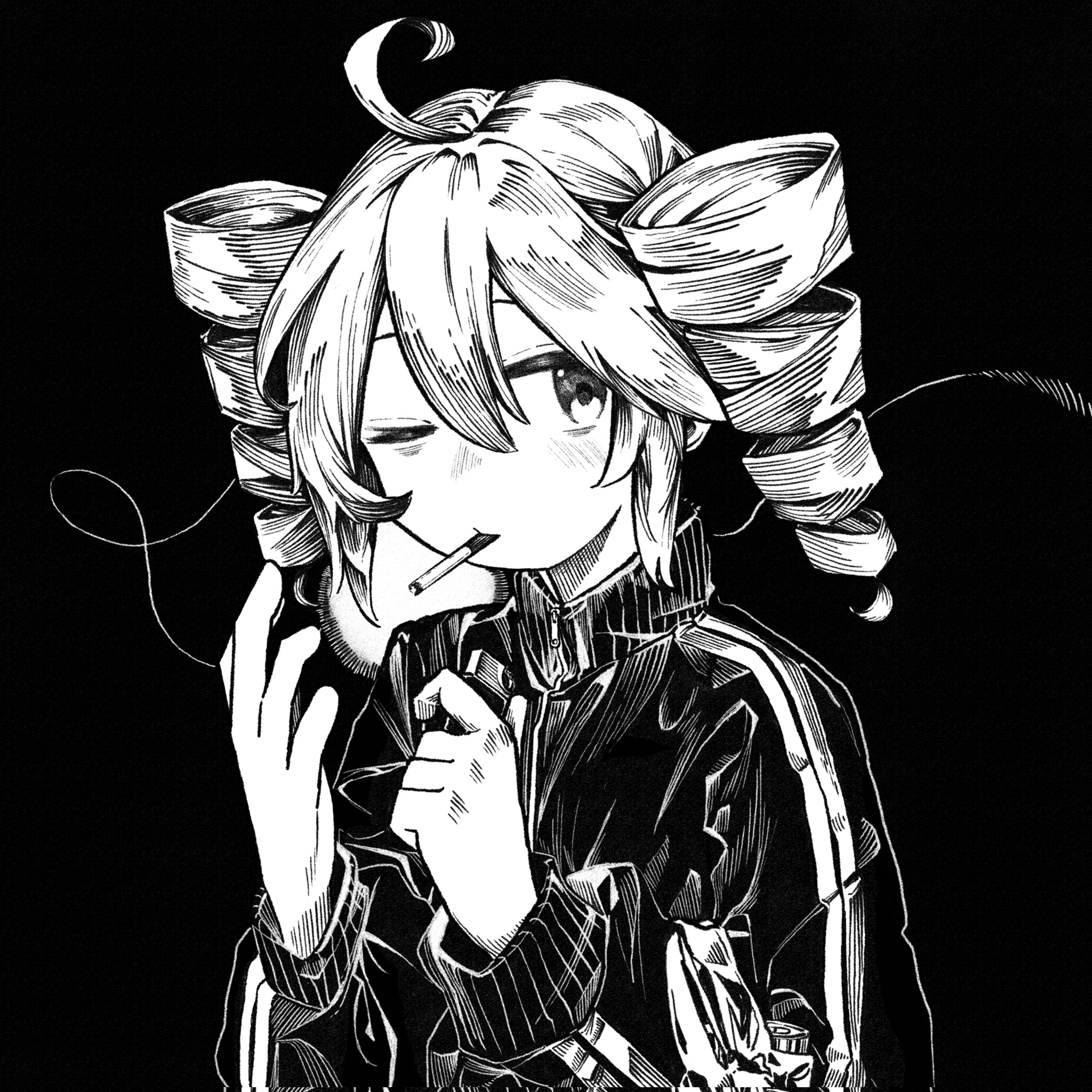 kilsturgeon, kasane teto, utau, highres, 1girl, ahoge, cigarette, closed mouth, drill hair, greyscale, hair between eyes, hands up, high contrast, jacket, long sleeves, looking at viewer, monochrome, mouth hold, one eye closed, short hair, smoking, solo, track jacket, twin drills, upper body
