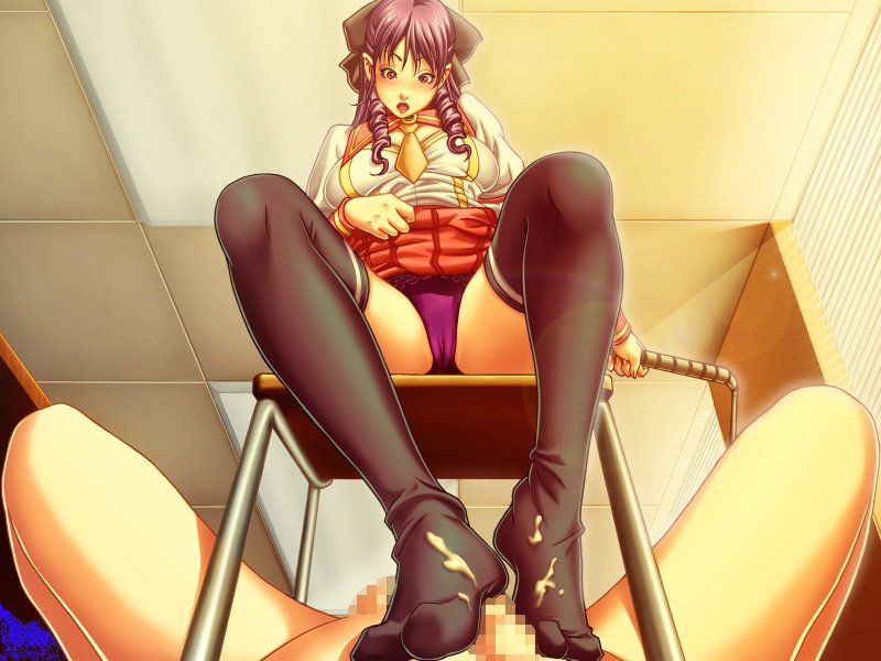 yamashita shun'ya, awaji reiko, gakuen tengoku, game cg, non-web source, 1girl, :o, bdsm, black thighhighs, bow, cameltoe, censored, chair, cleavage cutout, clothes lift, clothing cutout, cum, cum on body, cum on clothes, cum on feet, drill hair, feet, femdom, footjob, footjob with legwear, from below, hair bow, lace, lace panties, lipstick, long hair, lying, makeup, mosaic censoring, necktie, on back, on floor, open mouth, orange eyes, panties, penis, pleated skirt, pov, purple hair, purple panties, school uniform, serafuku, sitting, skirt, skirt lift, solo focus, spread legs, surprised, thighhighs, twin drills, twintails, underwear, whip, window