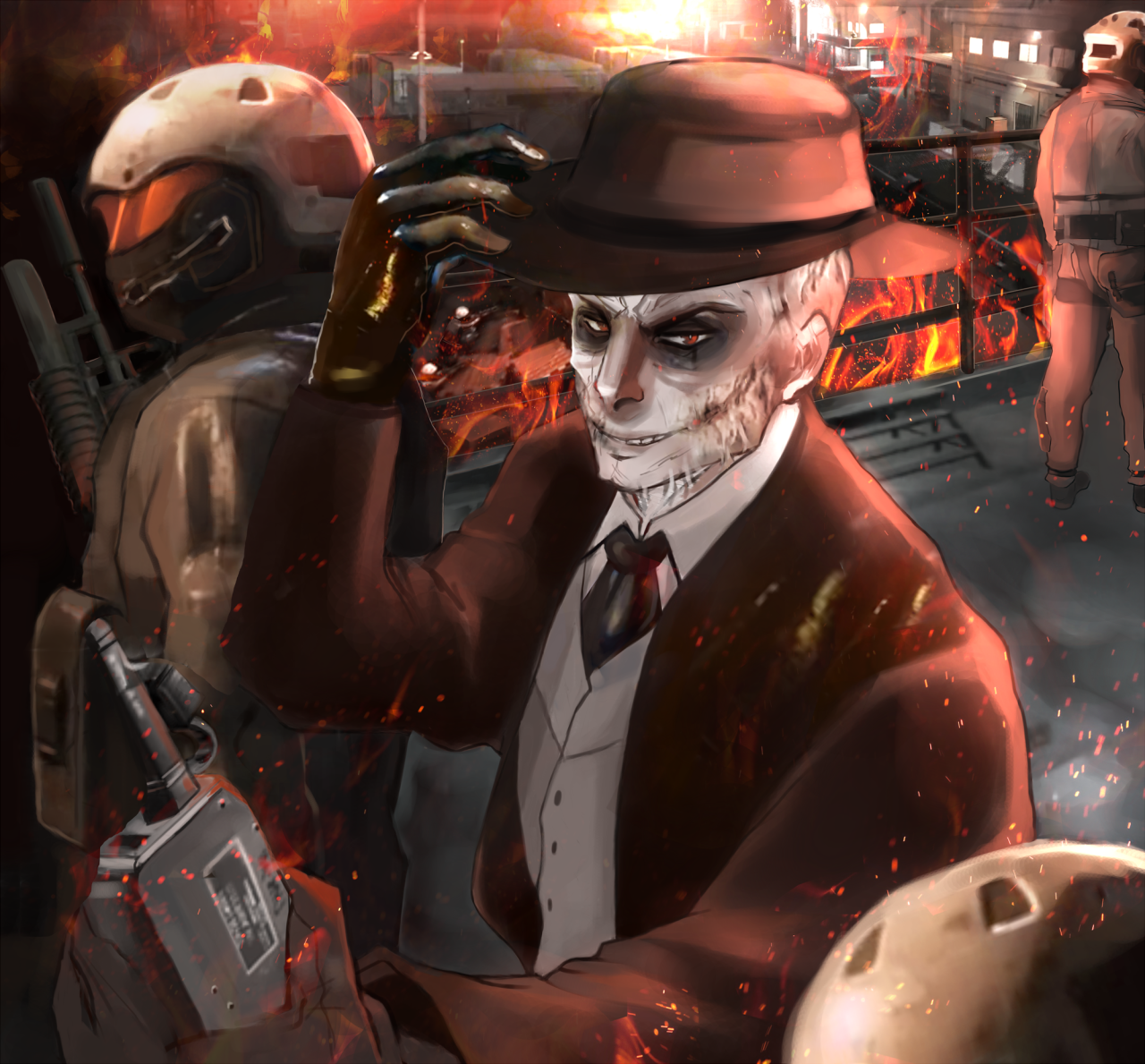 skull face, metal gear (series), metal gear solid v: ground zeroes, metal gear solid v: the phantom pain, artist request, fire, formal clothes, gloves, gun, hat, helmet, suit, weapon