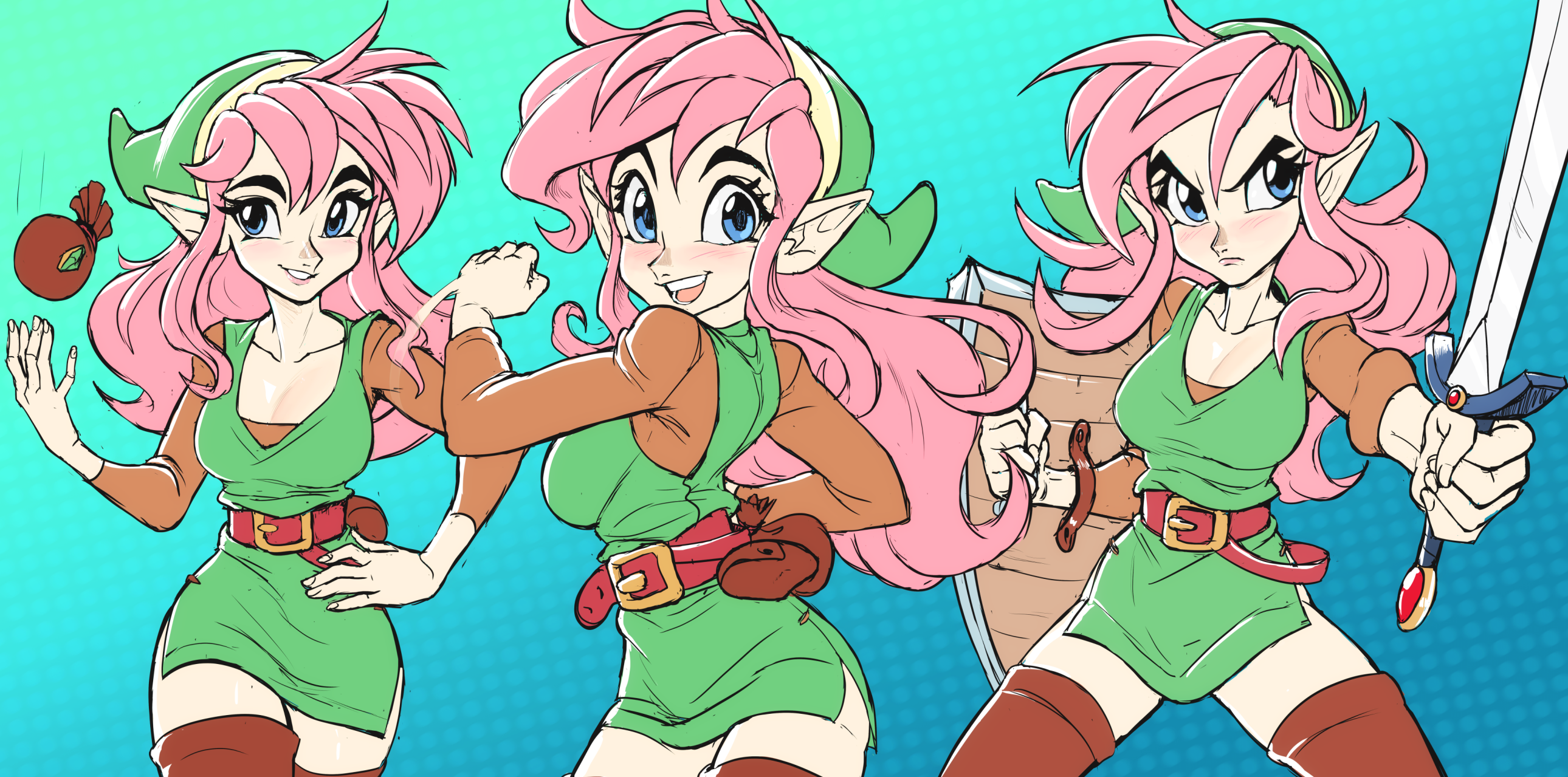 teevo, link, nintendo, the legend of zelda, the legend of zelda: a link to the past, blue eyes, breasts, cleavage, elf hat, genderswap, genderswap (mtf), large breasts, left-handed, pink hair, shield, stocking cap, sword, thighhighs, tunic, weapon
