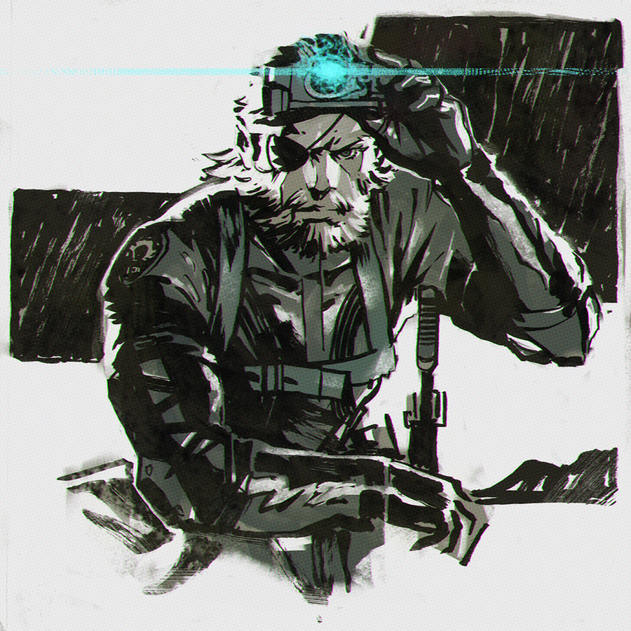 ilya kuvshinov, big boss, metal gear (series), metal gear solid v: ground zeroes, metal gear solid v: the phantom pain, facial hair, male focus, sneaking suit, solo