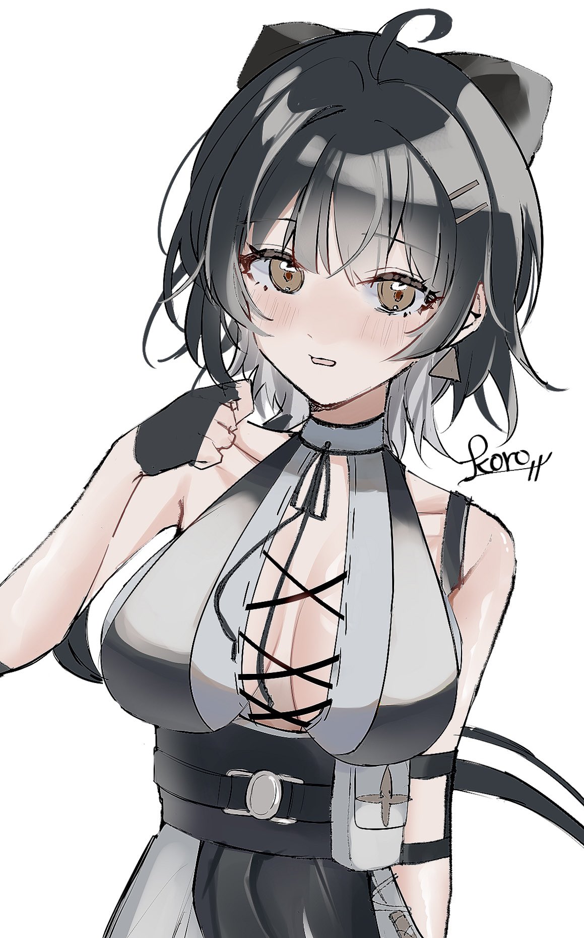 suyosuyo, female rover (wuthering waves), rover (wuthering waves), wuthering waves, commentary request, highres, 1girl, ahoge, arm at side, artist name, bare arms, bare shoulders, black bow, black gloves, black hair, black ribbon, blush, bow, breasts, breasts apart, brown eyes, center opening, collarbone, cross-laced clothes, cross-laced slit, cross-laced top, earrings, elbow pads, fingerless gloves, gloves, hair bow, hair ornament, hair ribbon, hairclip, halterneck, hand up, jewelry, large breasts, long hair, looking at viewer, low ponytail, neck ribbon, nose blush, parallel hairclips, parted lips, ponytail, ribbon, shiny skin, simple background, single earring, sleeveless, solo, triangle earrings, underbust, upper body, white background