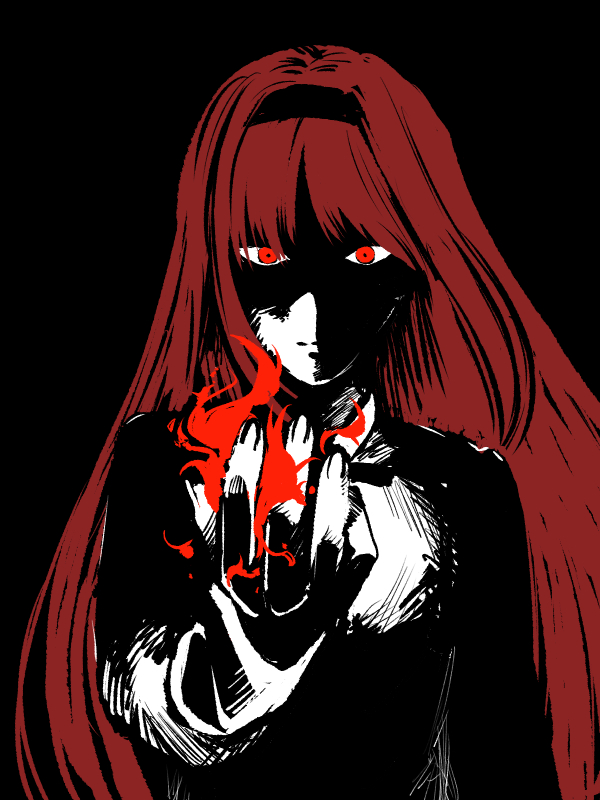 metarogu, tohno akiha, toono akiha, vermillion akiha, tsukihime, 1girl, black background, black hairband, collared shirt, expressionless, face in shadow, hairband, in shoe, long hair, long sleeves, magic, partially colored, portrait, red eyes, red hair, shirt, solo, spell, very long hair, white shirt