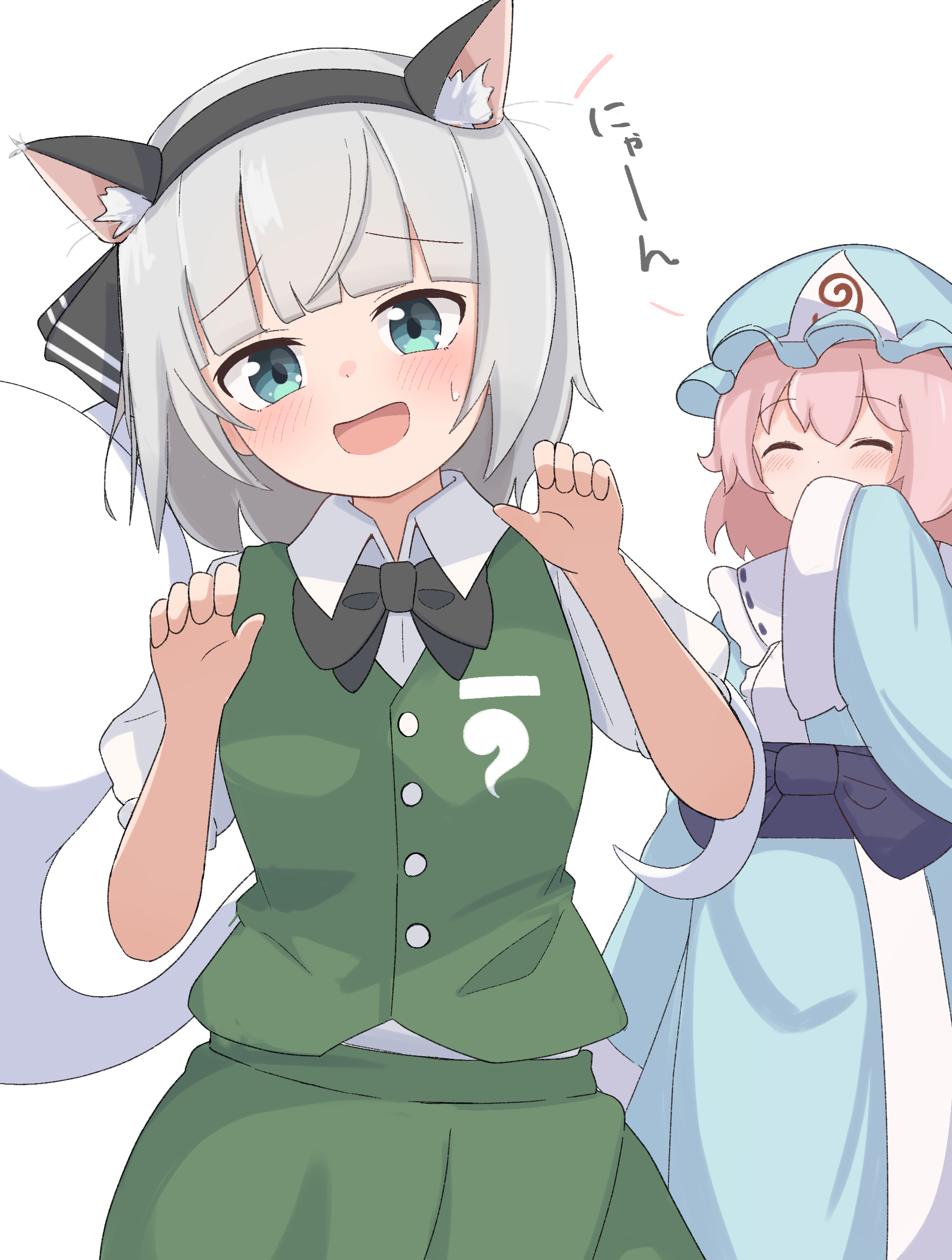 haya s2, konpaku youmu, konpaku youmu (ghost), saigyouji yuyuko, touhou, absurdres, commentary request, highres, translation request, 2girls, animal ear hairband, animal ears, black bow, black bowtie, black hairband, blue eyes, blue hat, blue kimono, blush, bow, bowtie, cat ears, claw pose, closed eyes, collared shirt, fake animal ears, green skirt, green vest, grey hair, hairband, hat, hitodama, hitodama print, japanese clothes, kimono, long sleeves, looking at viewer, mob cap, multiple girls, open mouth, pink hair, puffy short sleeves, puffy sleeves, shirt, short sleeves, skirt, skirt set, sleeves past fingers, sleeves past wrists, smile, sweatdrop, triangular headpiece, vest, white shirt, wide sleeves