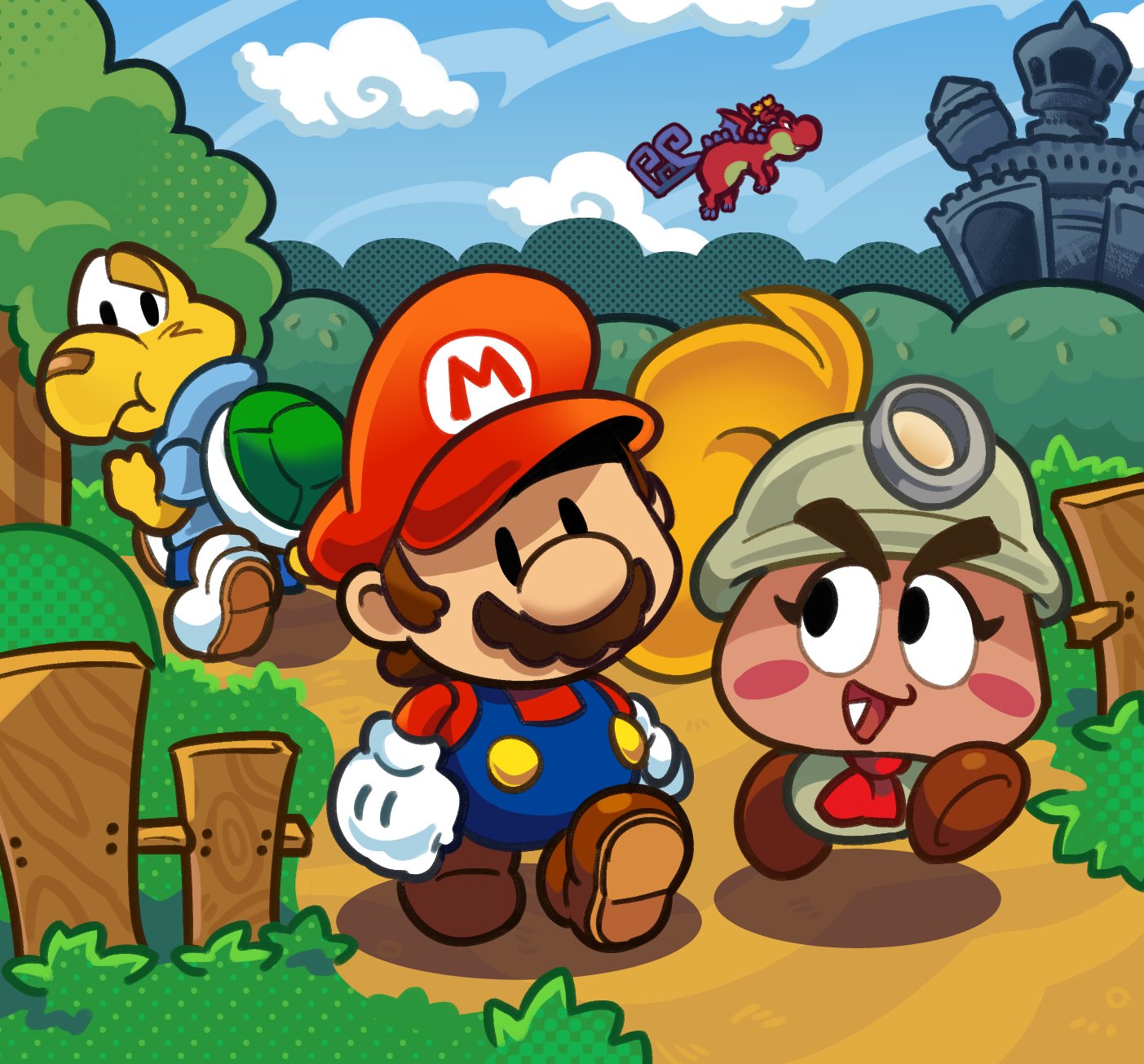 loveycloud, goombella, hooktail, koops, mario, paper mario (character), mario (series), nintendo, paper mario, paper mario: the thousand-year door, commentary, english commentary, highres, 1girl, 2boys, :d, ascot, bandaid, bandaid on face, bandaid on nose, black eyes, blonde hair, blue hoodie, blue overalls, blue pants, blue shorts, blue sky, blush stickers, brown hair, brown shoes, bush, castle, closed mouth, cloud, day, dragon, facial hair, fence, flying, gloves, grass, grey helmet, hat, headlamp, helmet, high ponytail, hill, hood, hood down, hoodie, long hair, long sleeves, looking at another, looking back, multiple boys, mustache, open mouth, outdoors, overalls, pants, path, ponytail, red ascot, red hat, red shirt, road, shirt, shoes, short hair, short sleeves, shorts, sky, smile, solid oval eyes, standing, tree, walking, white gloves, white shoes, wooden fence