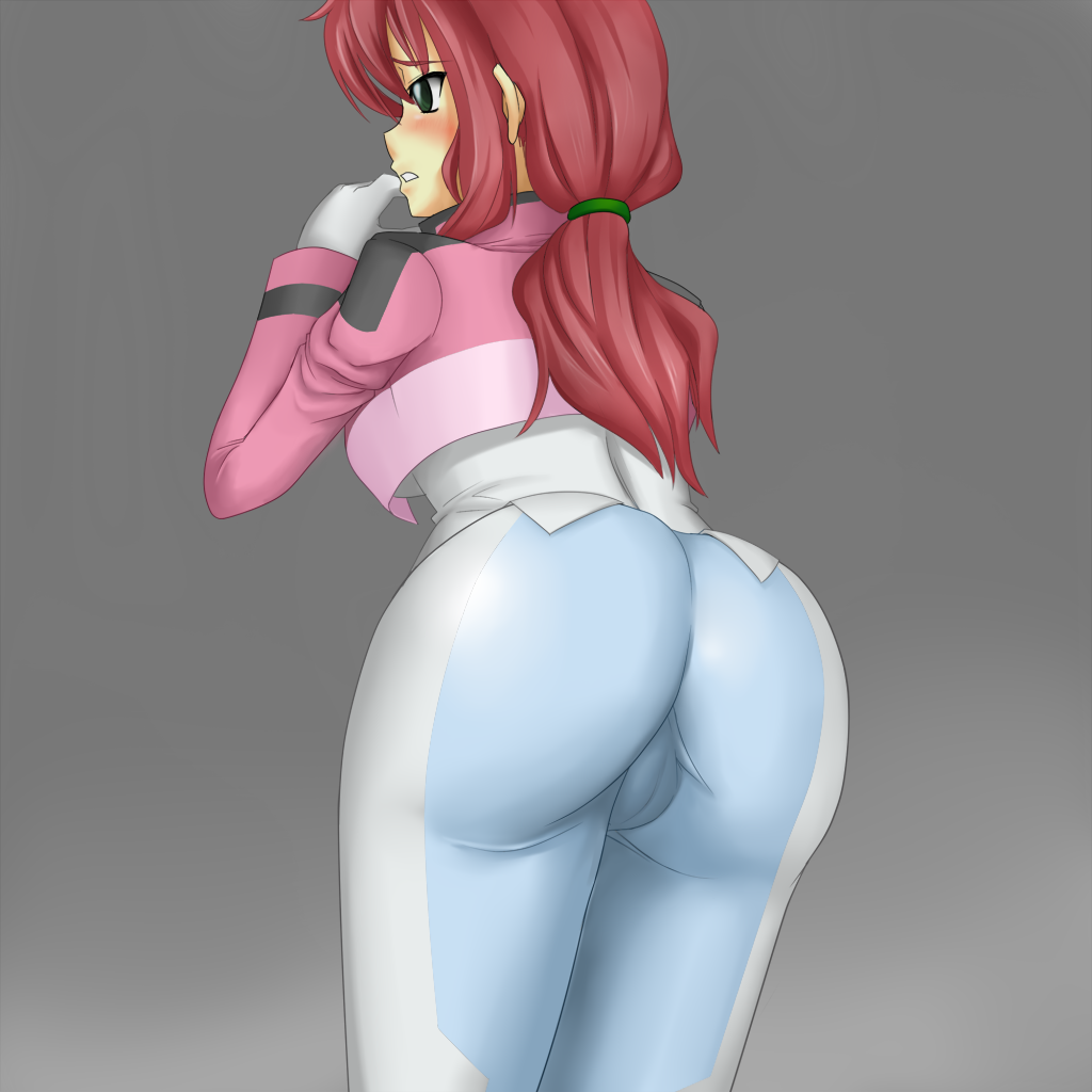 kagami aruma, feldt grace, gundam, gundam 00, bad id, bad pixiv id, 00s, 1girl, ass, blush, cameltoe, fat mons, female focus, hair tie, pants, pink hair, ponytail, skin tight, solo