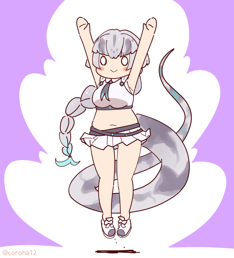 coroha, kemono friends, kemono friends 3, 1girl, arms up, belt, full body, grey hair, hood, hoodie, jumping, long hair, looking at viewer, navel, necktie, purple background, shoes, simple background, skirt, sleeveless, snake girl, snake tail, solo, tail, titanoboa (kemono friends)