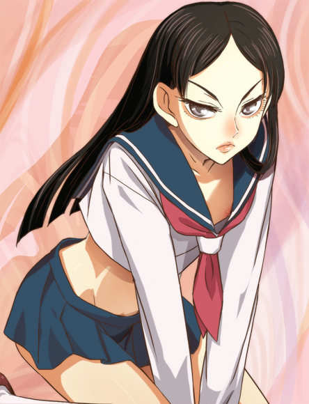 haruyama kazunori, kitsu chiri, sayonara zetsubou sensei, 00s, 1girl, black hair, downblouse, female focus, flat chest, kneeling, lips, long hair, midriff, nipple slip, nipples, parted bangs, school uniform, serafuku, solo