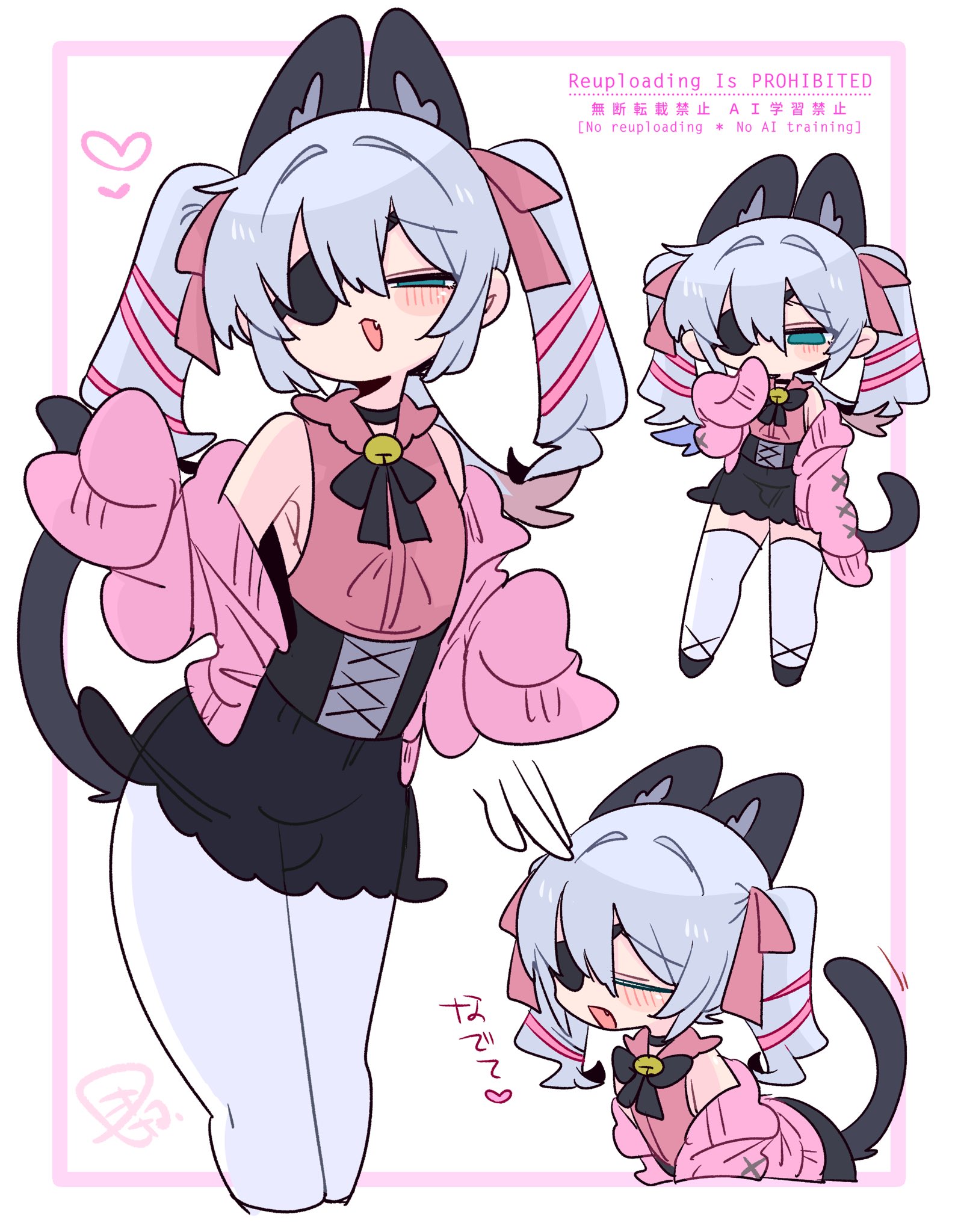 op na yarou, original, commentary, highres, translated, 1boy, animal ear fluff, animal ears, armpits, bare shoulders, bell, black choker, black corset, black ribbon, black shoes, black skirt, black tail, blue eyes, blue hair, blush, bow, cardigan, cat boy, cat ears, cat tail, chibi, choker, closed eyes, collar, colored tips, corset, covering own mouth, crossdressing, crossdressing (mtf), disembodied hand, double-parted bangs, extra ears, eyepatch, fang, feet out of frame, flipped hair, frilled collar, frills, full body, hair between eyes, hair bow, hair intakes, hand up, hands up, heart, leaning forward, long hair, long sleeves, male focus, multicolored hair, multiple views, narrowed eyes, neck bell, neck ribbon, no nose, no pupils, off shoulder, one eye covered, open cardigan, open clothes, open mouth, pantyhose, pink bow, pink cardigan, pink shirt, pink streaks, quad tails, raised inner eyebrows, red hair, ribbon, rigel (op na yarou), see-through clothes, see-through skirt, shirt, shoes, sidelocks, simple background, skin fang, skirt, sleeveless, sleeveless shirt, sleeves past fingers, sleeves past wrists, standing, streaked hair, tail, thighhighs, trap, watermark, white background, white hair, white pantyhose, white thighhighs