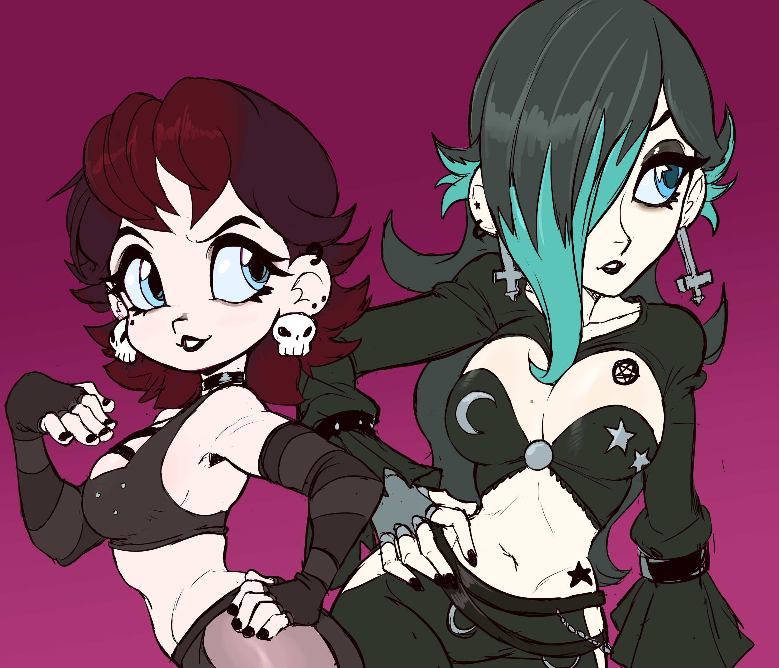 teevo, princess daisy, rosalina, mario (series), nintendo, 2girls, bare shoulders, black lips, blue eyes, breasts, brown hair, cleavage, cross, detached sleeves, earrings, goth fashion, green hair, inverted cross, jewelry, large breasts, multiple girls, navel, pentagram, skull earrings