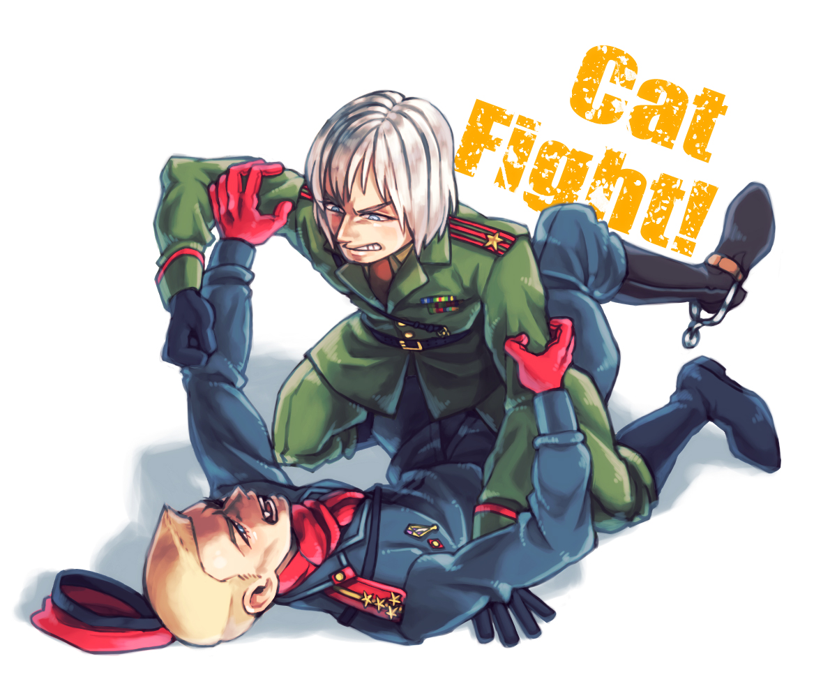nappooz, raikov, revolver ocelot, metal gear (series), metal gear solid 3: snake eater, !, 2boys, beret, blonde hair, blue eyes, english text, fighting, gloves, hat, military uniform, multiple boys, red gloves
