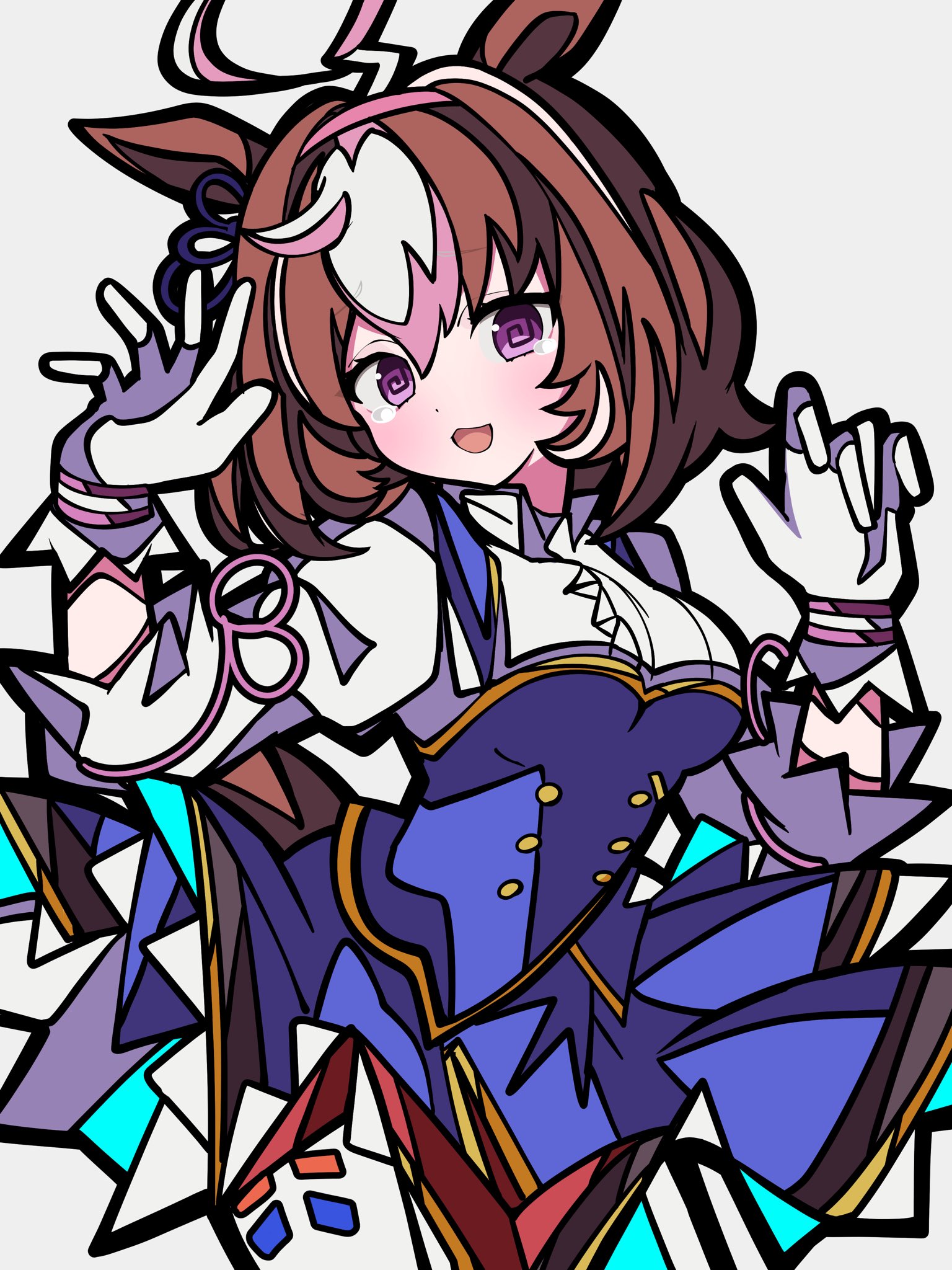 kikkasoon, meisho doto (blue/raging) (umamusume), meisho doto (umamusume), umamusume, highres, 1girl, ahoge, animal ears, blue dress, blush, bow, breasts, brown hair, double-parted bangs, dress, ear ribbon, gloves, hair between eyes, hairband, headband, horse ears, horse girl, horse tail, large breasts, long sleeves, looking at viewer, multicolored hair, open mouth, pink hairband, pink headband, purple eyes, short hair, simple background, smile, tail, two-tone hair, white dress, white gloves, white hair