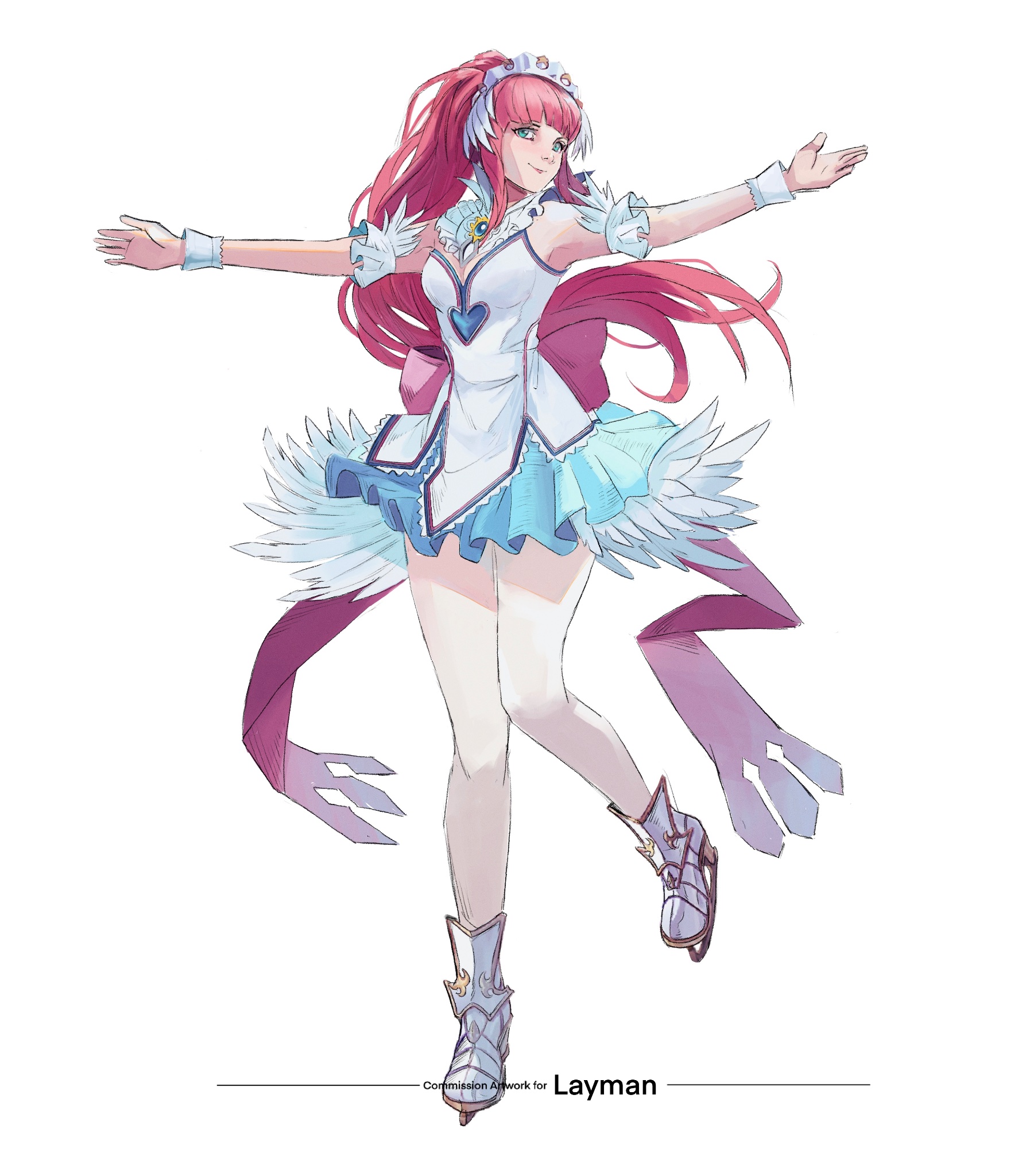 rod langhi, felicia (fire emblem), fire emblem, fire emblem fates, nintendo, commission, highres, 1girl, alternate costume, blue eyes, bow, breasts, closed mouth, dress, feather trim, feathers, figure skating, figure skating dress, full body, headpiece, ice skates, long hair, looking at viewer, pantyhose, pink bow, pink hair, ponytail, simple background, skates, smile, solo, white background, white dress, white pantyhose, wrist cuffs