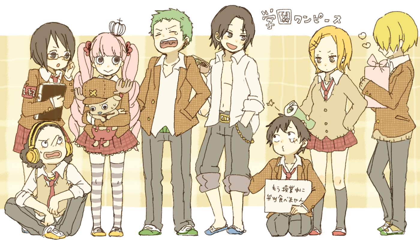 yukke, monkey d. luffy, nami (one piece), perona, portgas d. ace, roronoa zoro, sanji (one piece), tashigi, tony tony chopper, usopp, one piece, striped legwear, translated, 3girls, 5boys, alternate costume, belt, black hair, blonde hair, book, brothers, brown eyes, curly hair, freckles, gift, glasses, green hair, haramaki, hat, headphones, heart, kneeling, long hair, long nose, multiple boys, multiple girls, necktie, open clothes, open shirt, orange hair, pink hair, plaid background, plaid clothes, plaid skirt, pleated skirt, scar, school uniform, shirt, siblings, simple background, sitting, skirt, standing, striped clothes, striped thighhighs, sweater, tears, text focus, thighhighs, twintails, yawning