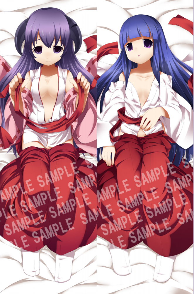 shiratama dango, furude rika, hanyuu, higurashi no naku koro ni, bad id, bad pixiv id, 00s, 2girls, blue hair, dakimakura (medium), hakama, hakama skirt, horns, japanese clothes, kimono, long hair, miko, multiple girls, open clothes, purple eyes, purple hair, red hakama, sample watermark, skirt, tabi, undressing, watermark
