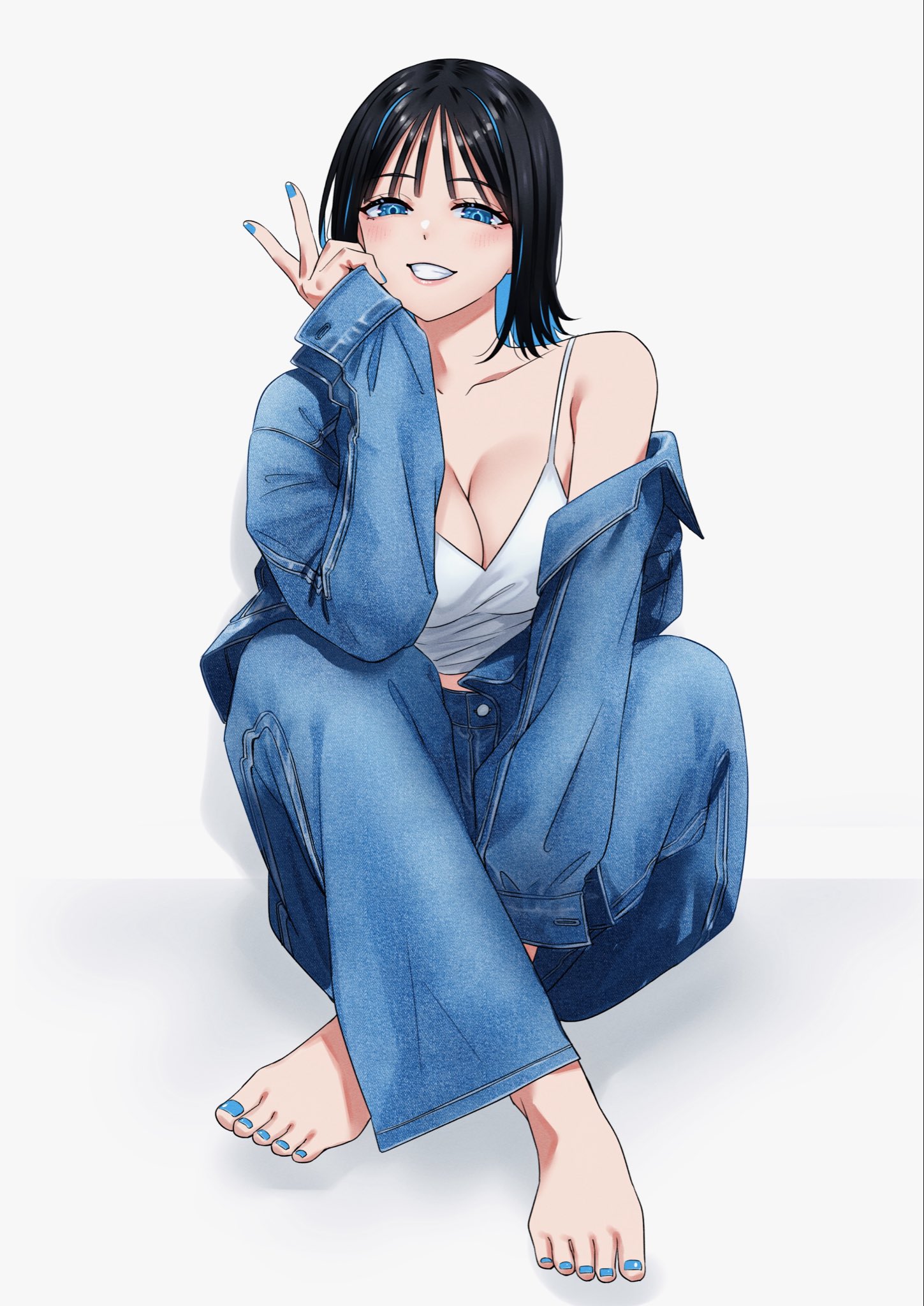 shinjou takuya, kitahara aoba, sawaranaide kotesashi-kun, commentary request, highres, 1girl, barefoot, black hair, blue eyes, blue hair, blue jacket, blue nails, blue pants, breasts, camisole, cleavage, collarbone, colored inner hair, crossed legs, denim, denim jacket, full body, grin, jacket, jeans, large breasts, long sleeves, looking at viewer, medium hair, multicolored hair, open clothes, open jacket, pants, single bare shoulder, single off shoulder, sitting, smile, solo, v, white background, white camisole, wispy bangs